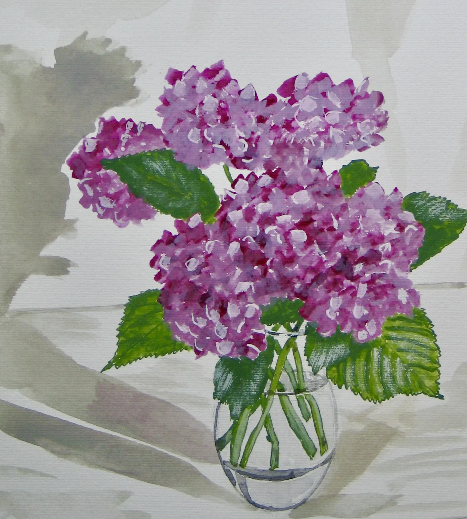 Hydrangea flowers in a glass vase, gouache painting by Cy Pawsey