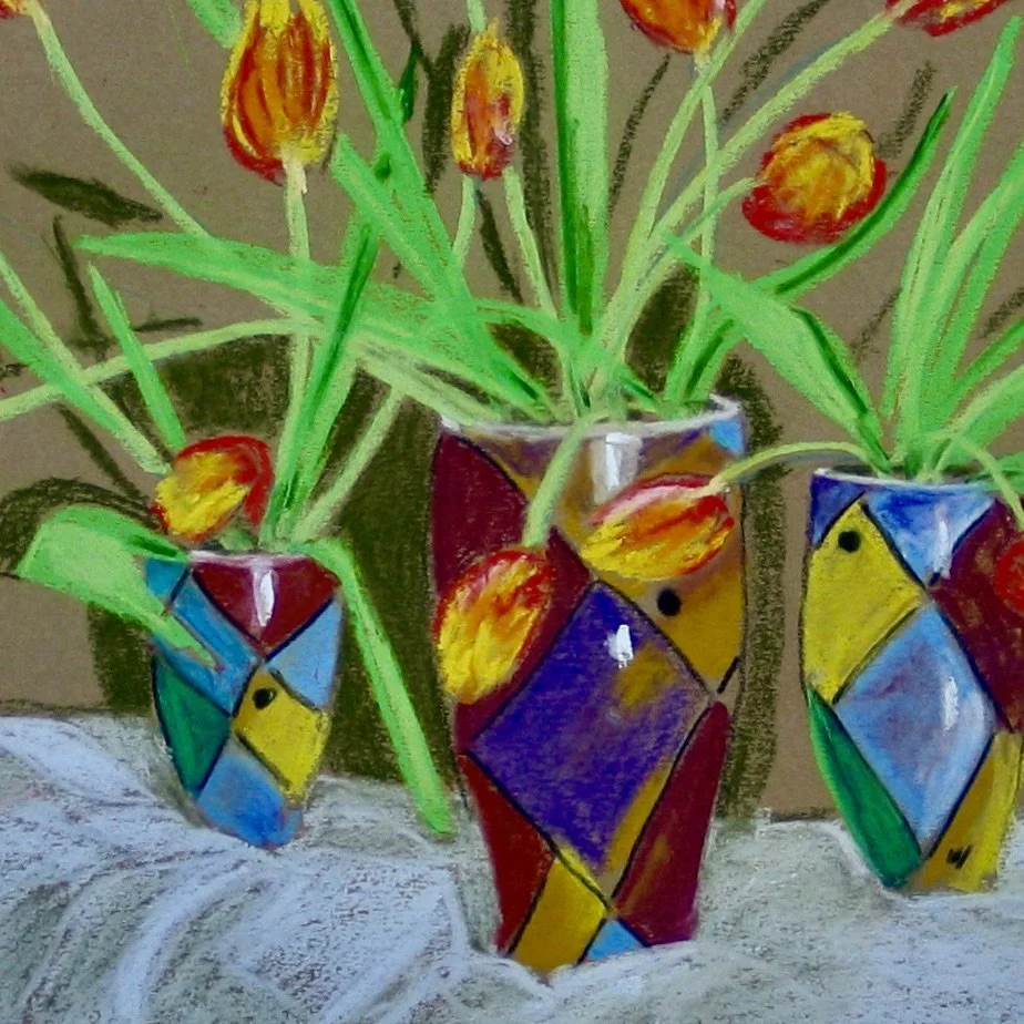 Three Dartington "Quilt" vases with tulips, detail