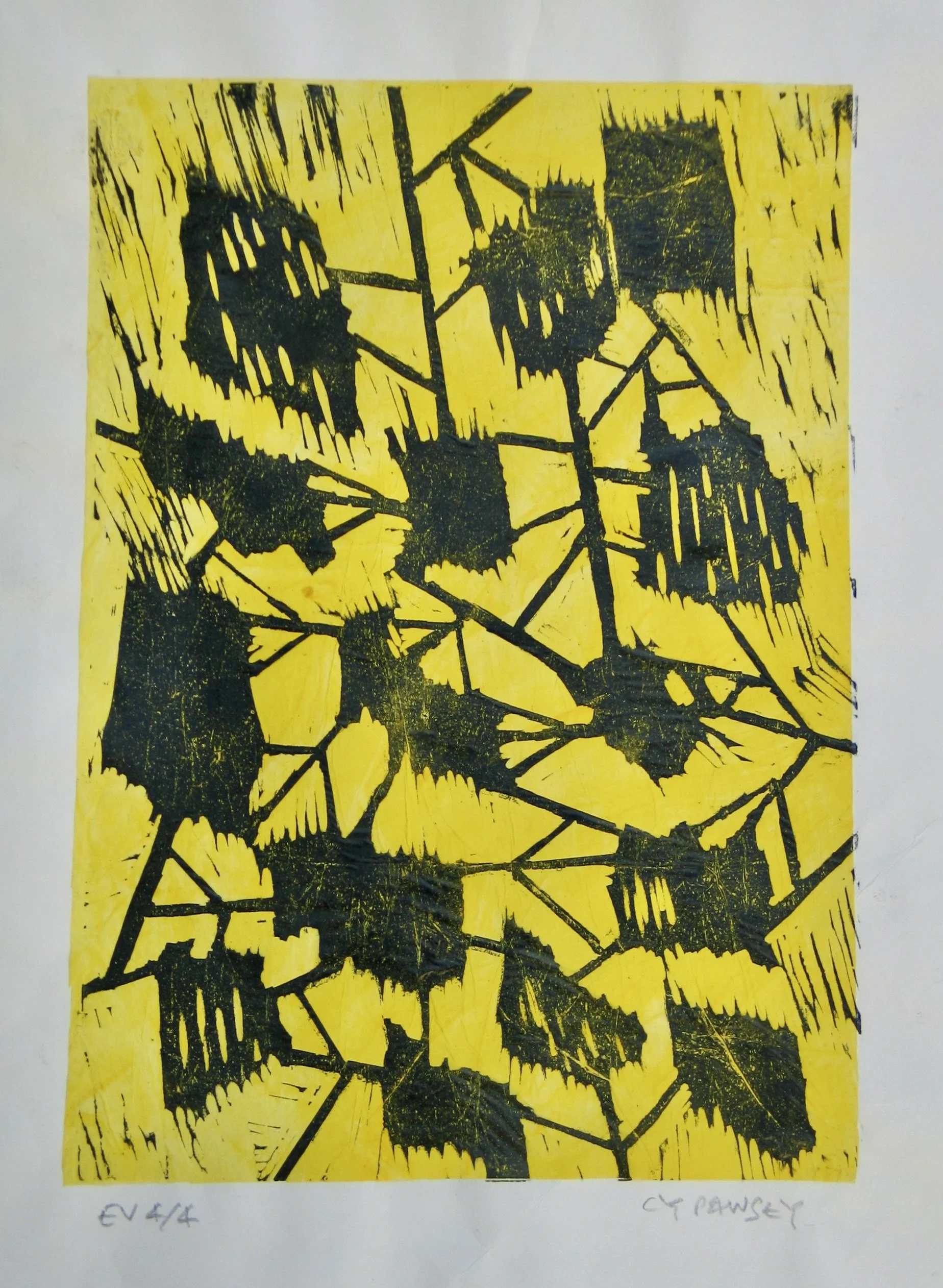 Abstract linocut print with chine colle by Cy Pawsey