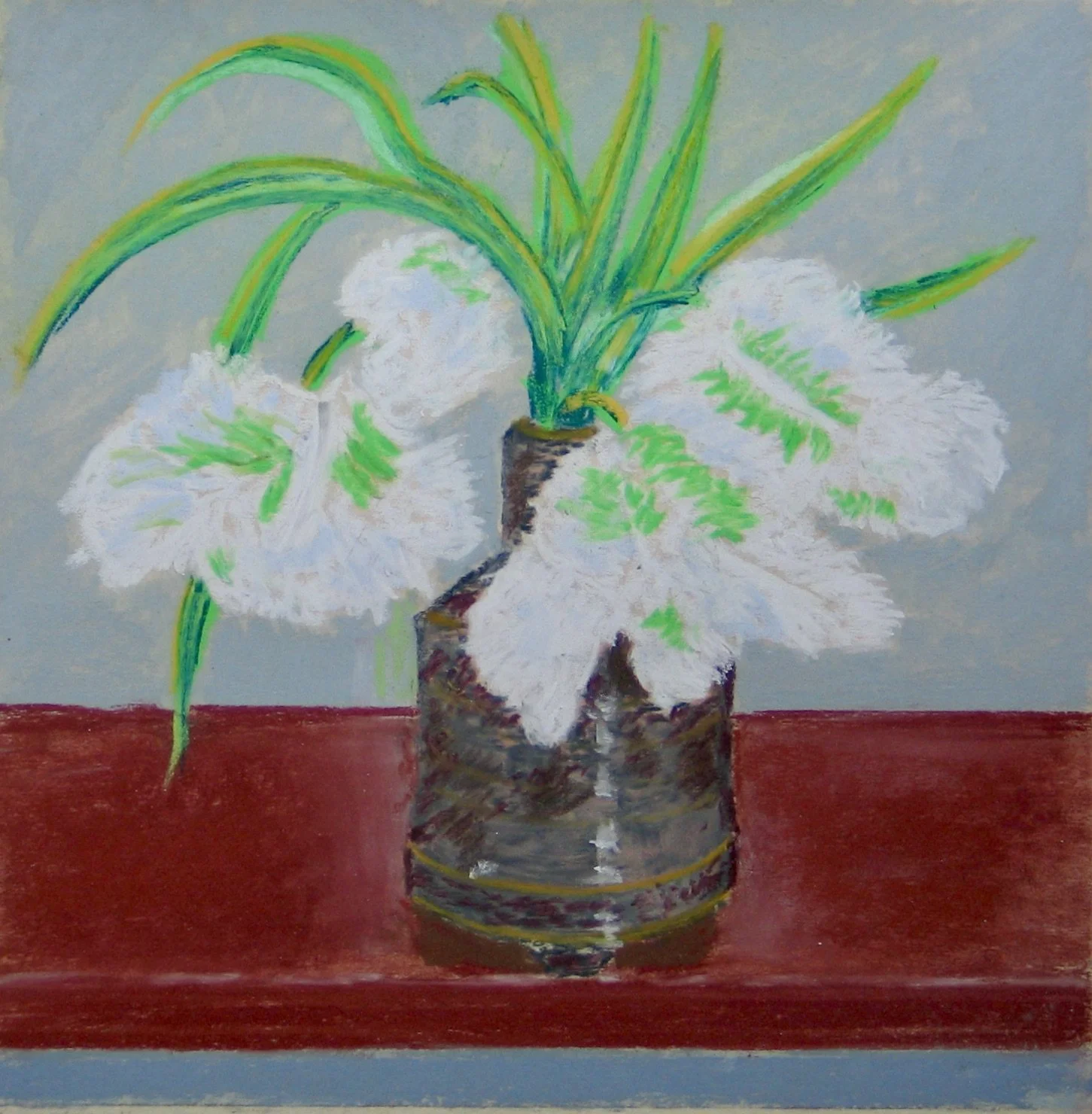 Tulips in a studio pot, soft pastel by Cy Pawsey
