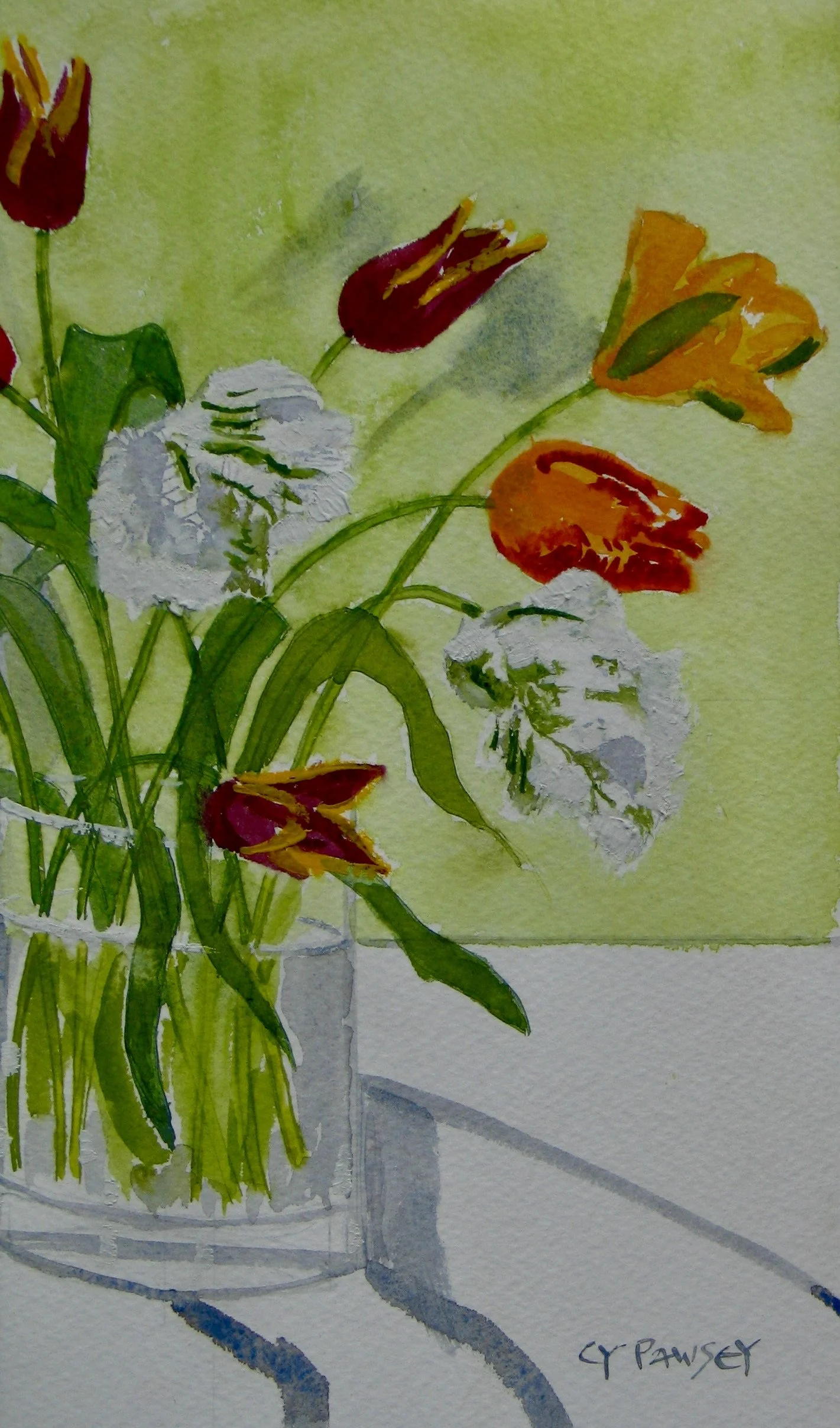 Still life painting - tulips in a glass vase