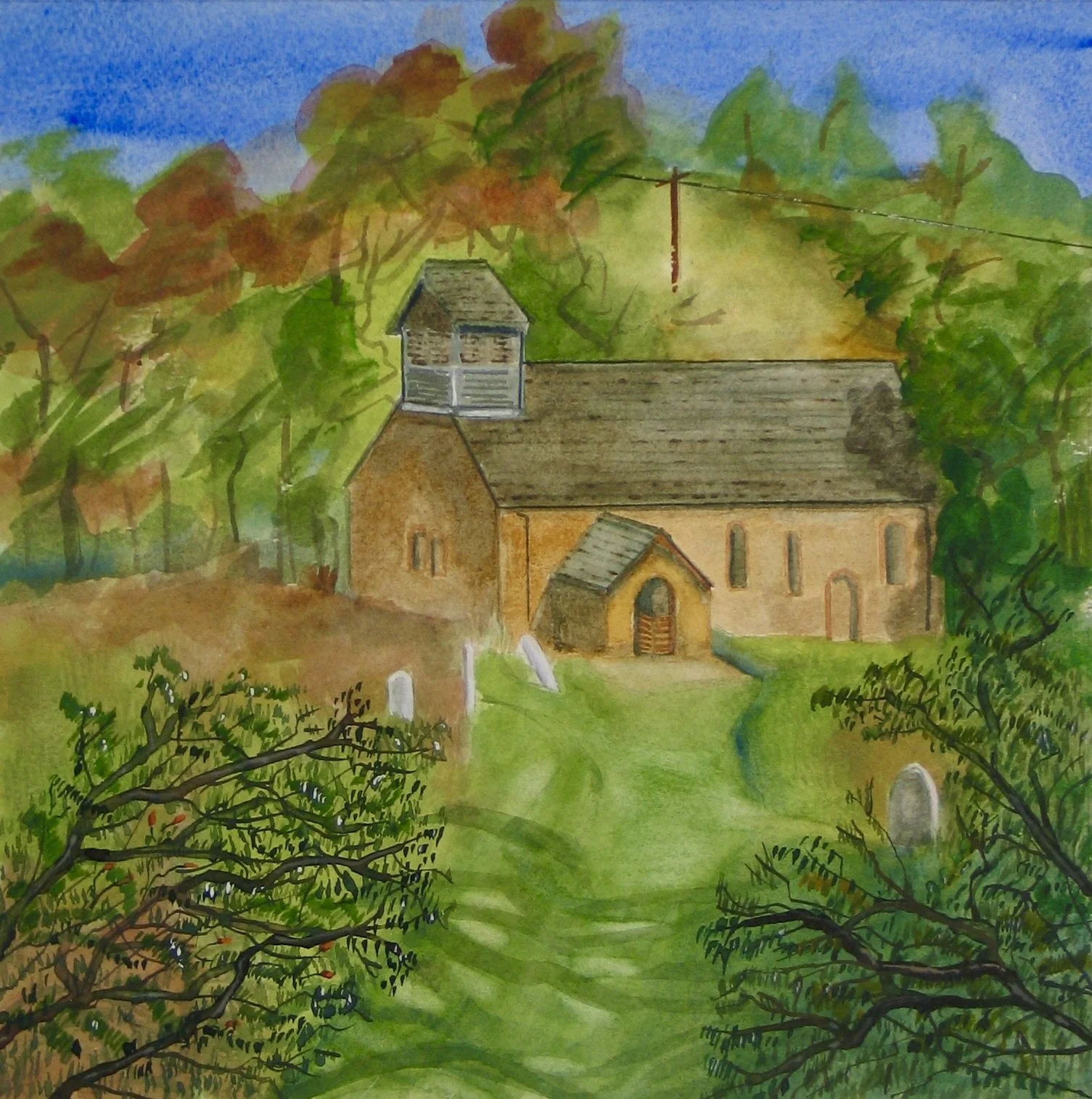 Watercolour painting of St. Ellyw's Church, Llanelieu by Cy Pawsey