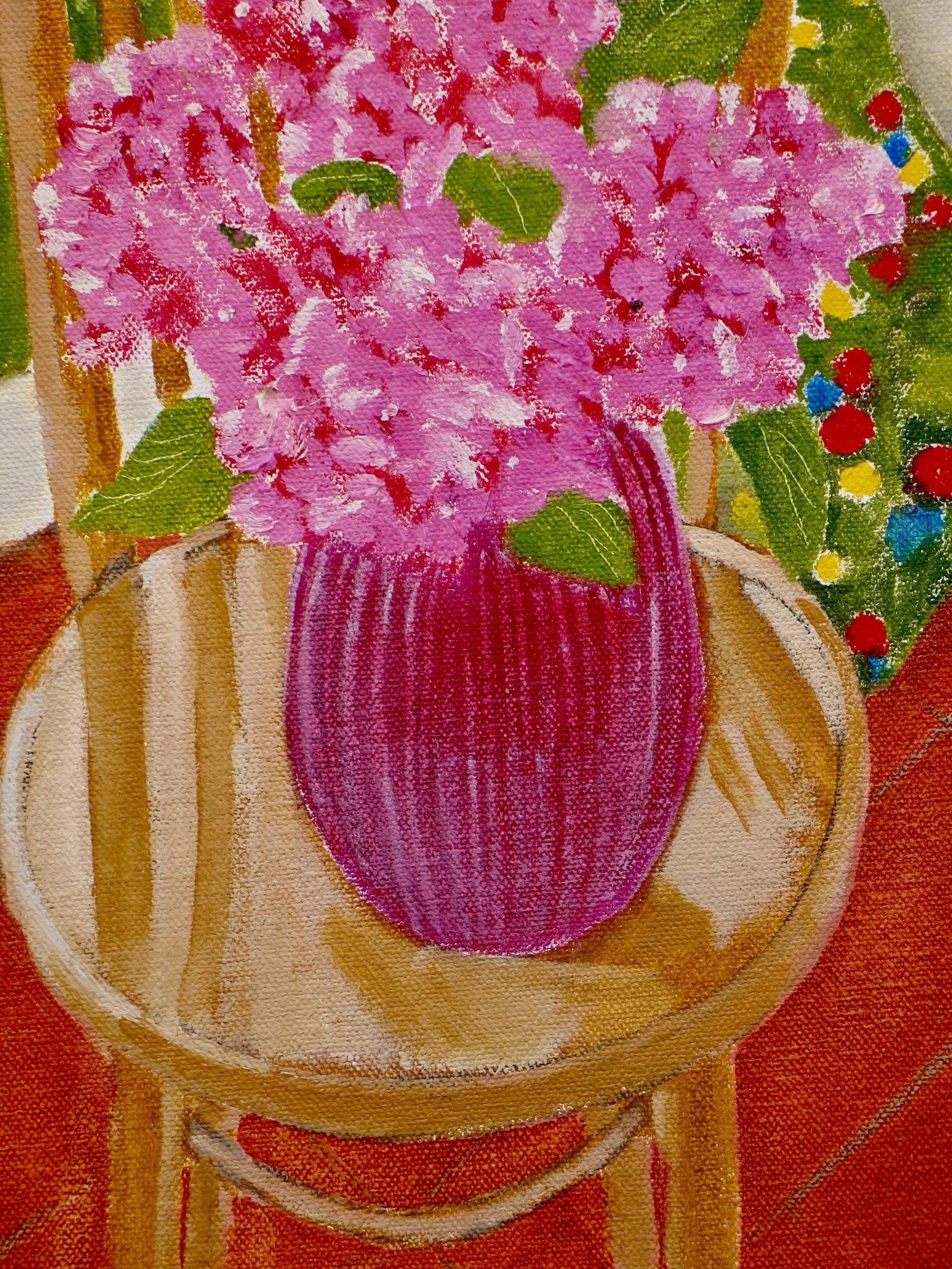 Hydrangeas in a pot on a chair, detail from original oil painting