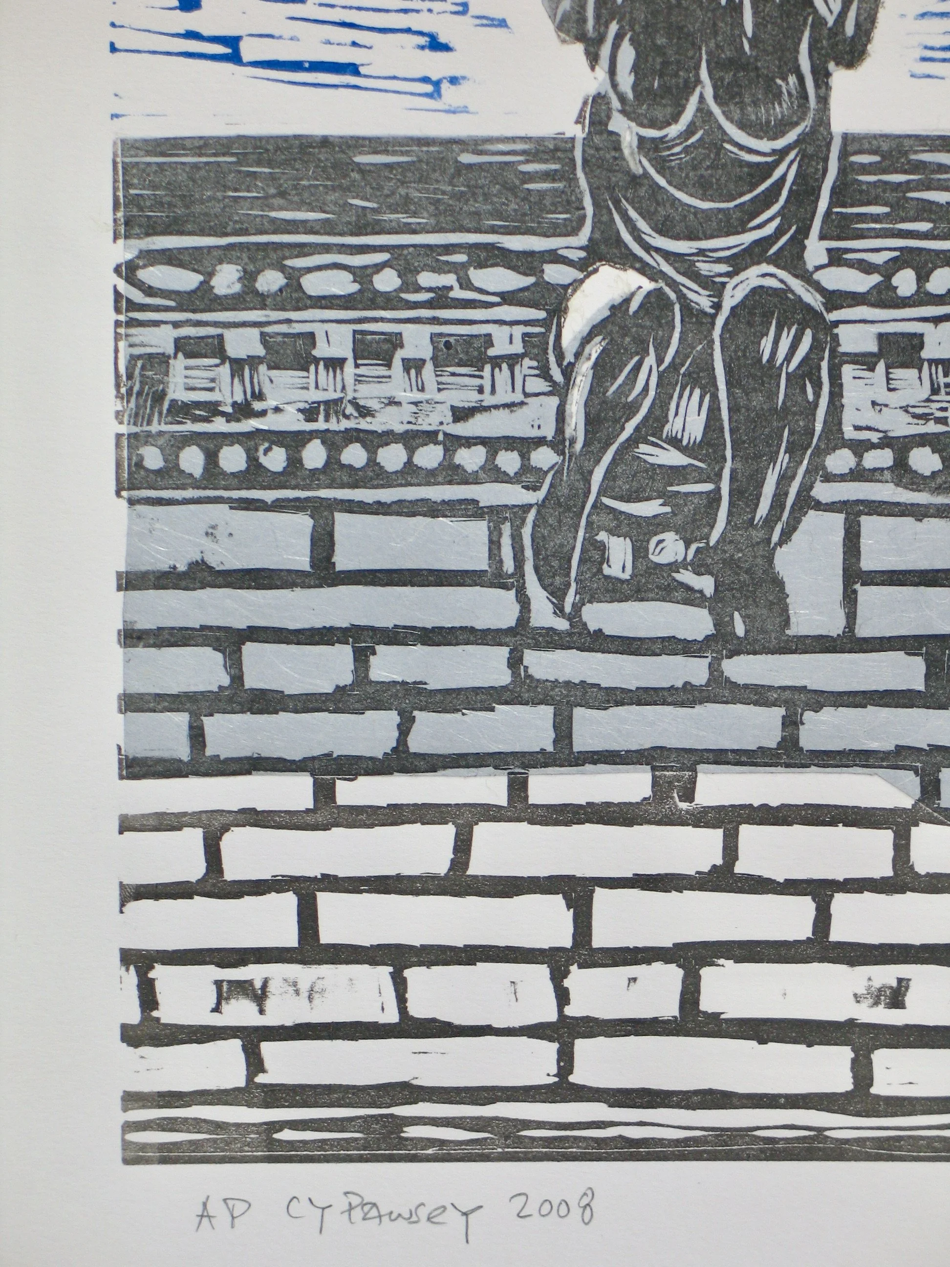 Artist's Proof of a linocut by Cy Pawsey, detail