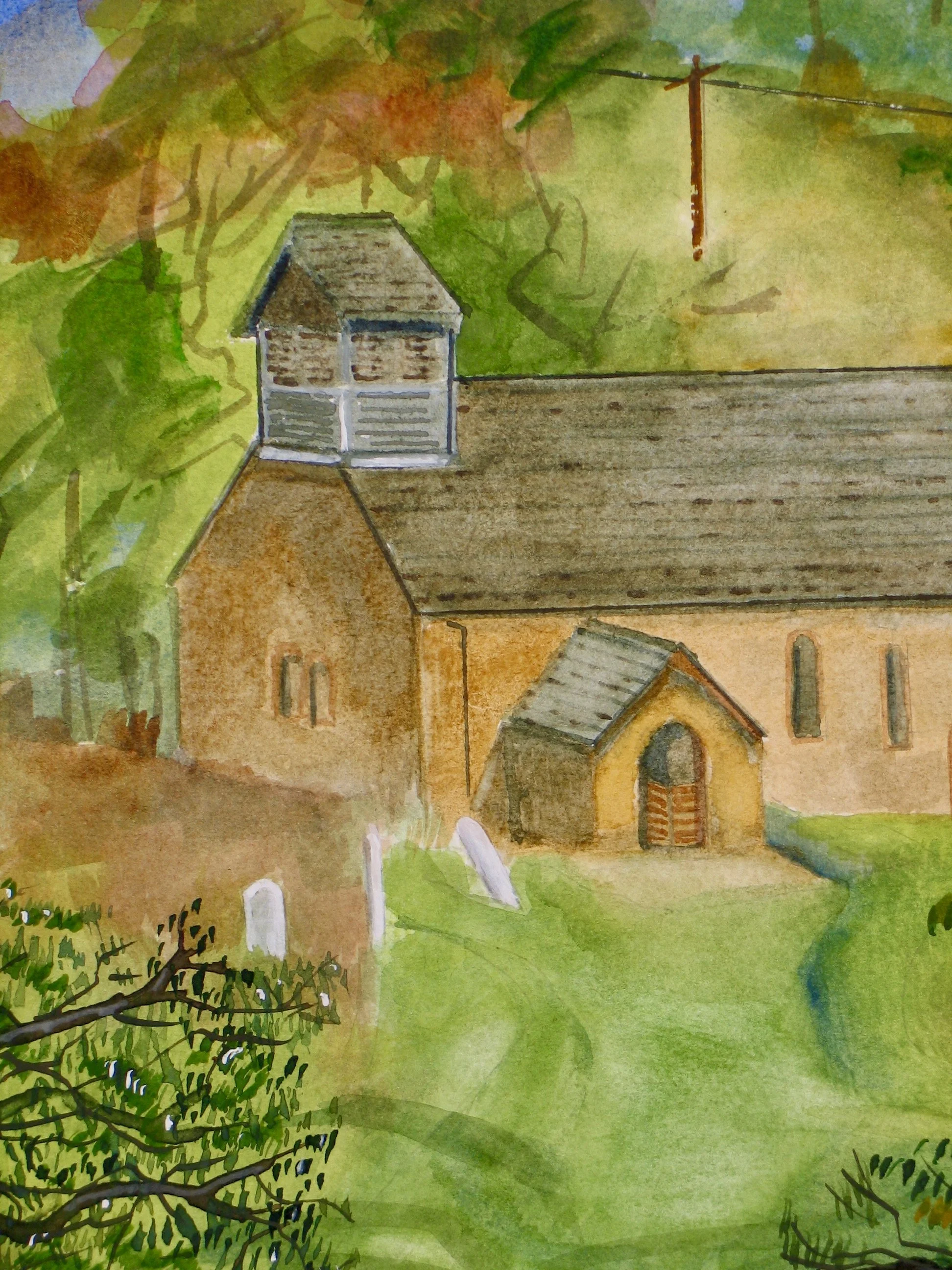 Llanelieu Church painted en plein air in watercolour, detail