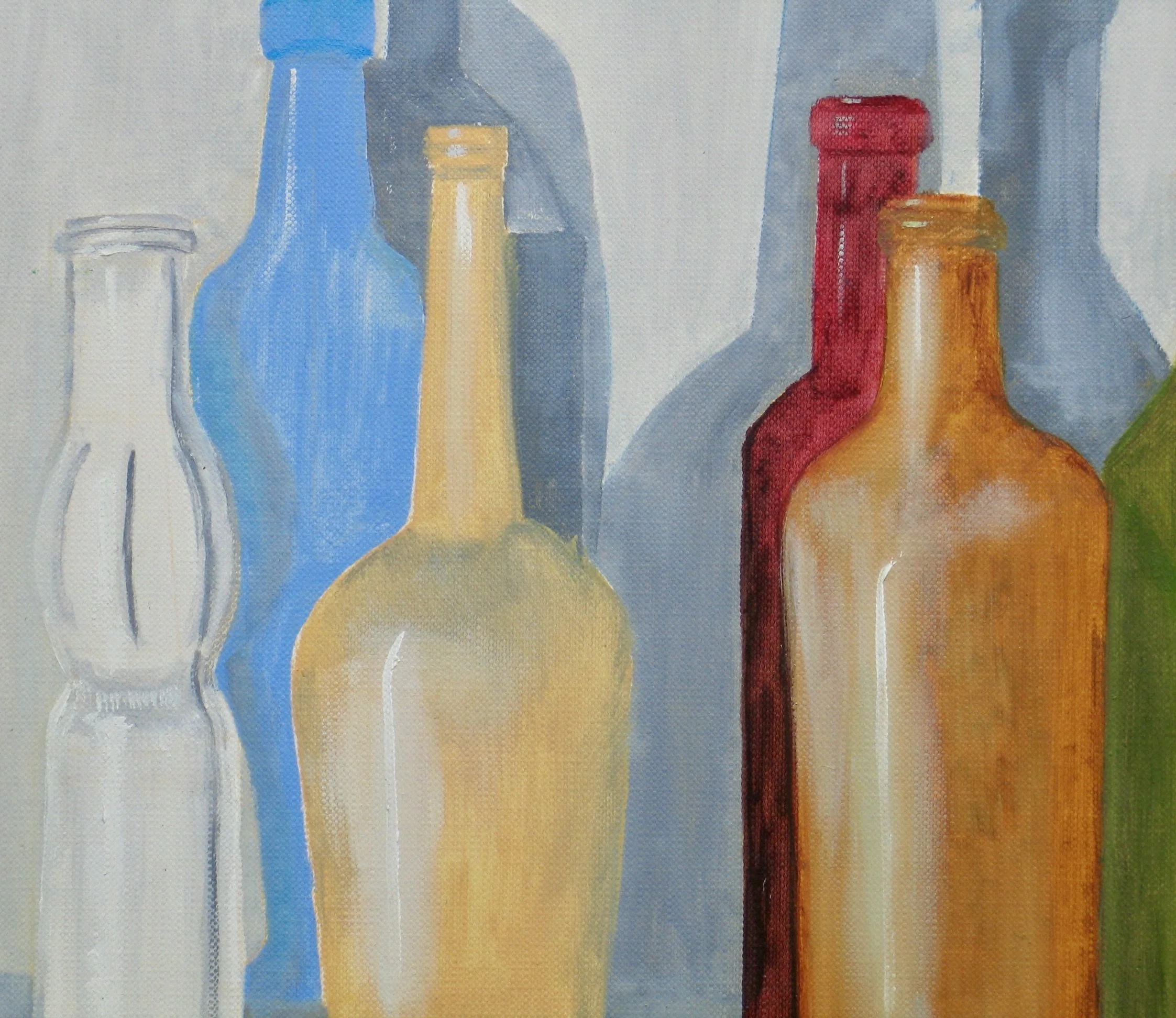 Bottles and shadows oil painting, detail