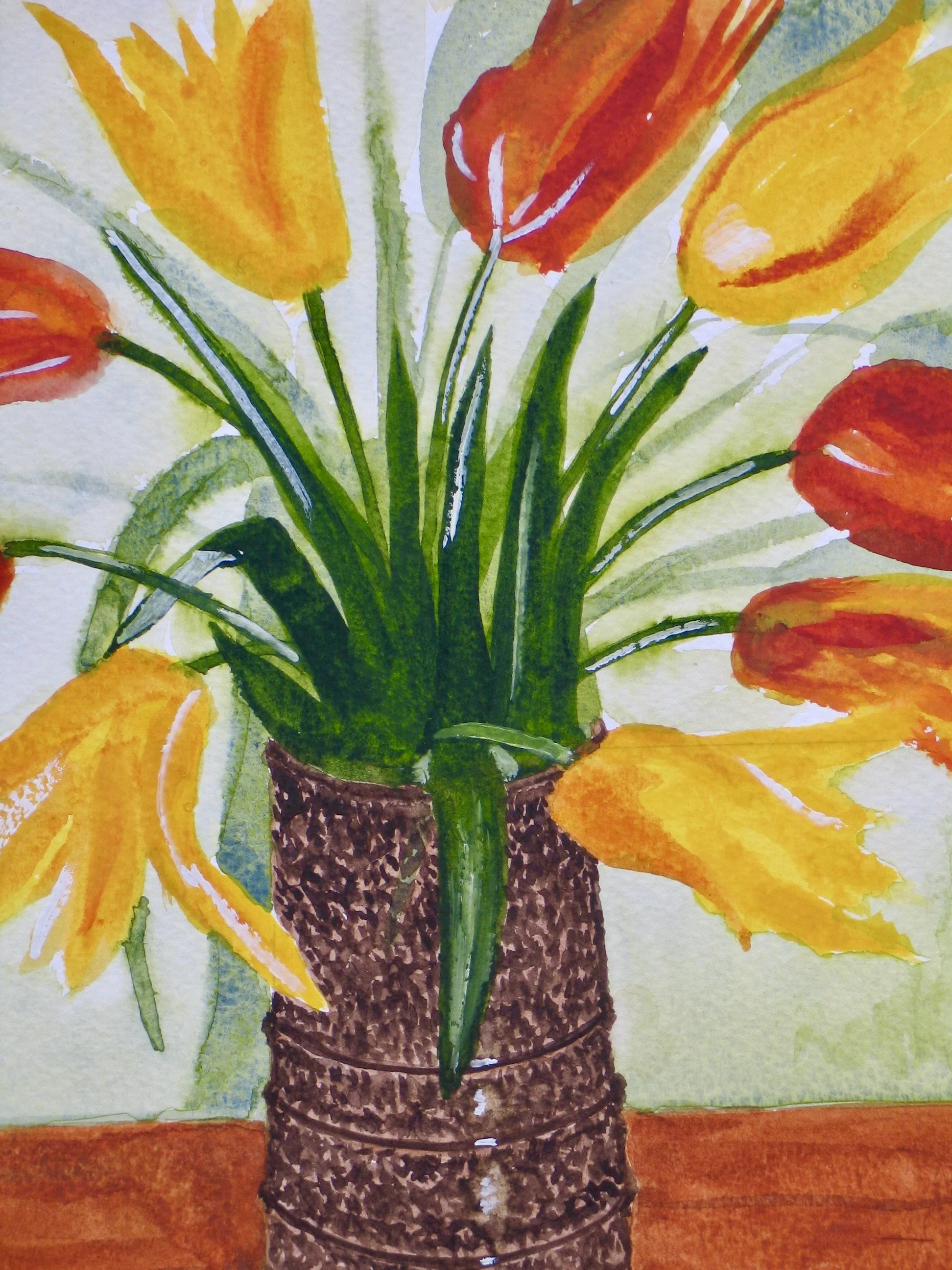 Tulips in a studio vase, watercolour detail