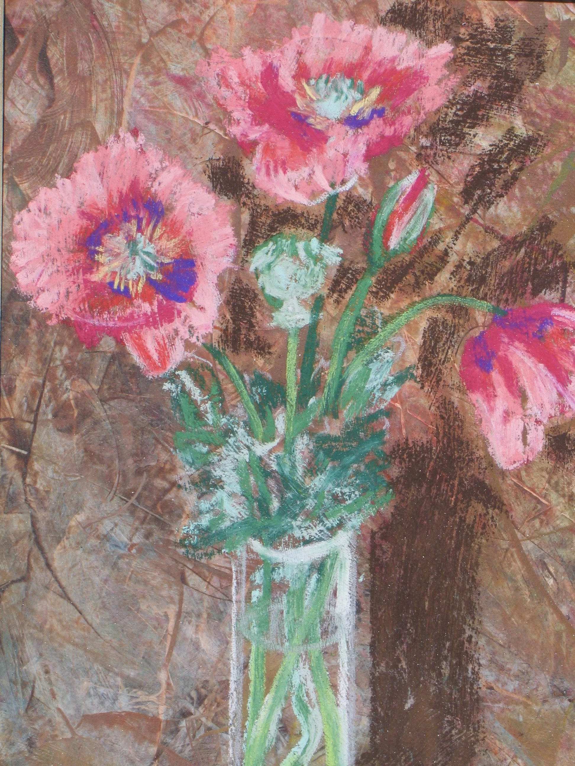 Poppies in a vase, detail of pastel painting