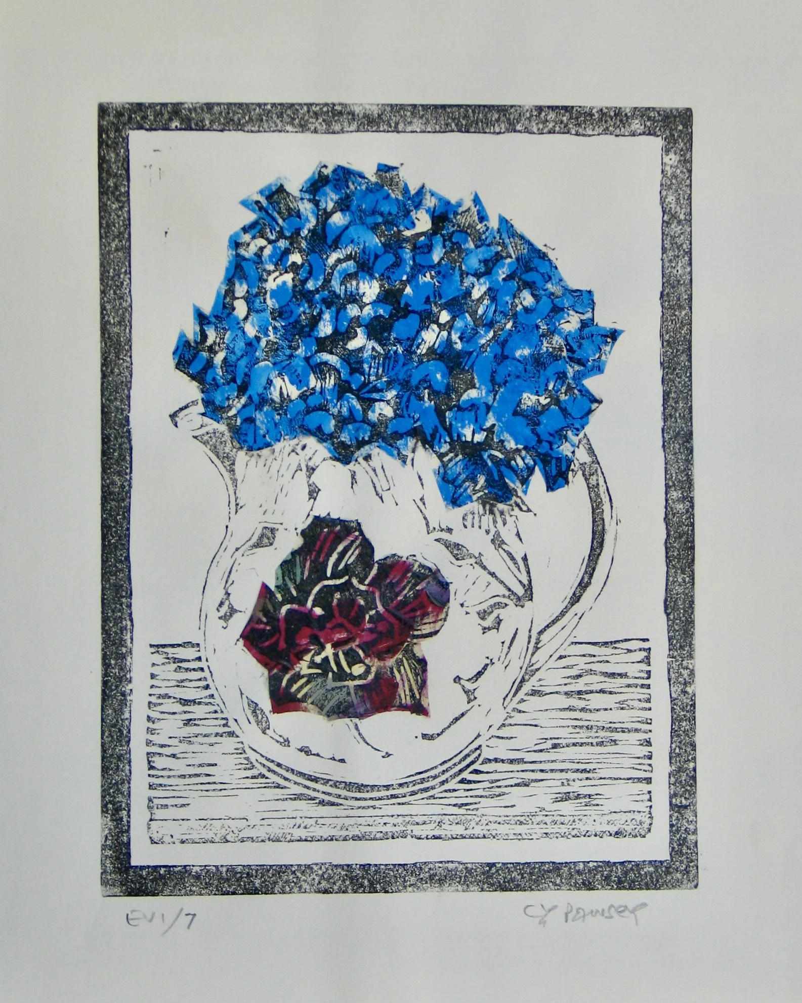 Hydrangea flower in a jug - linocut print
