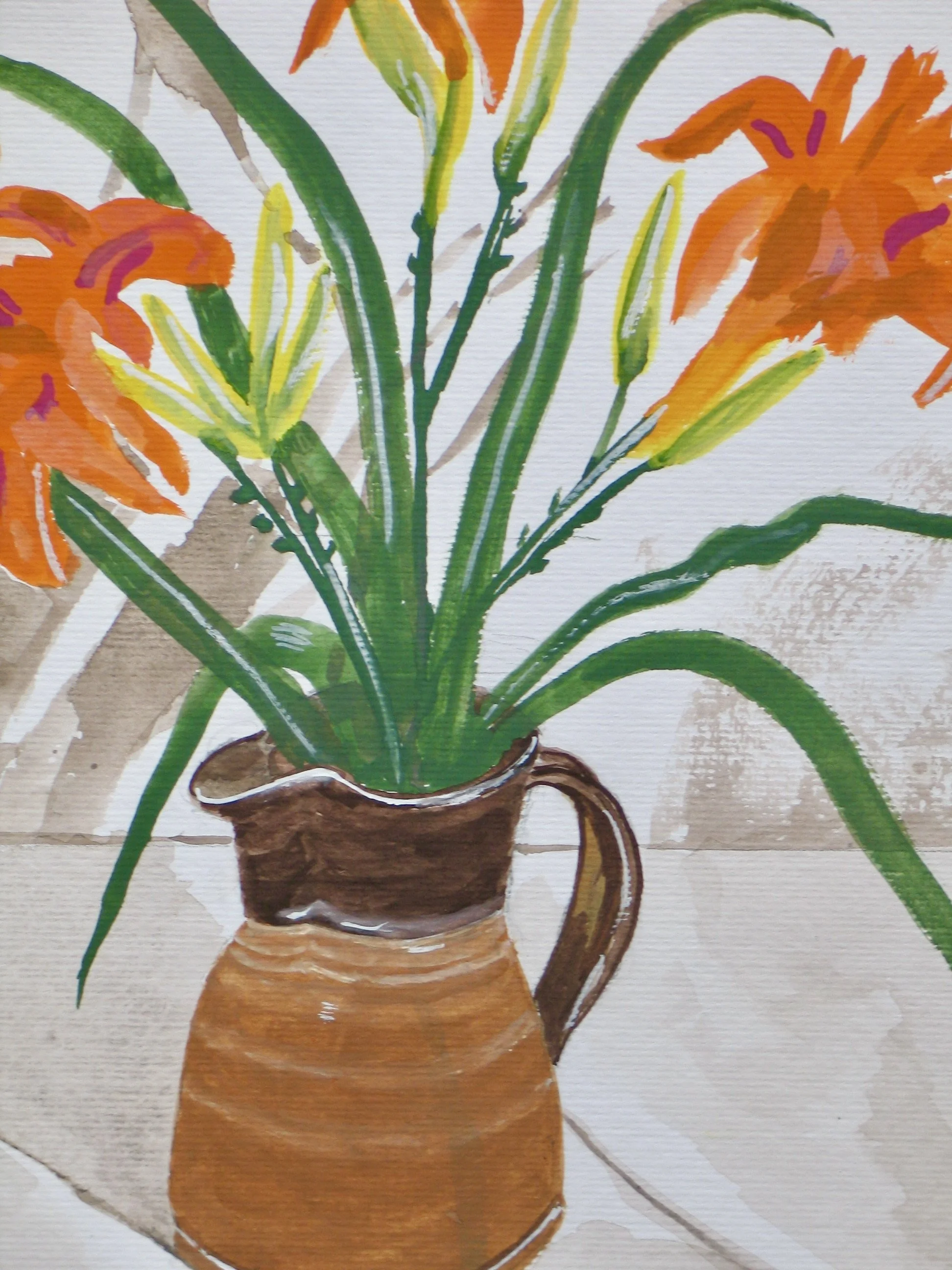 Jug with lilies gouache painting for sale at galeriecy.com
