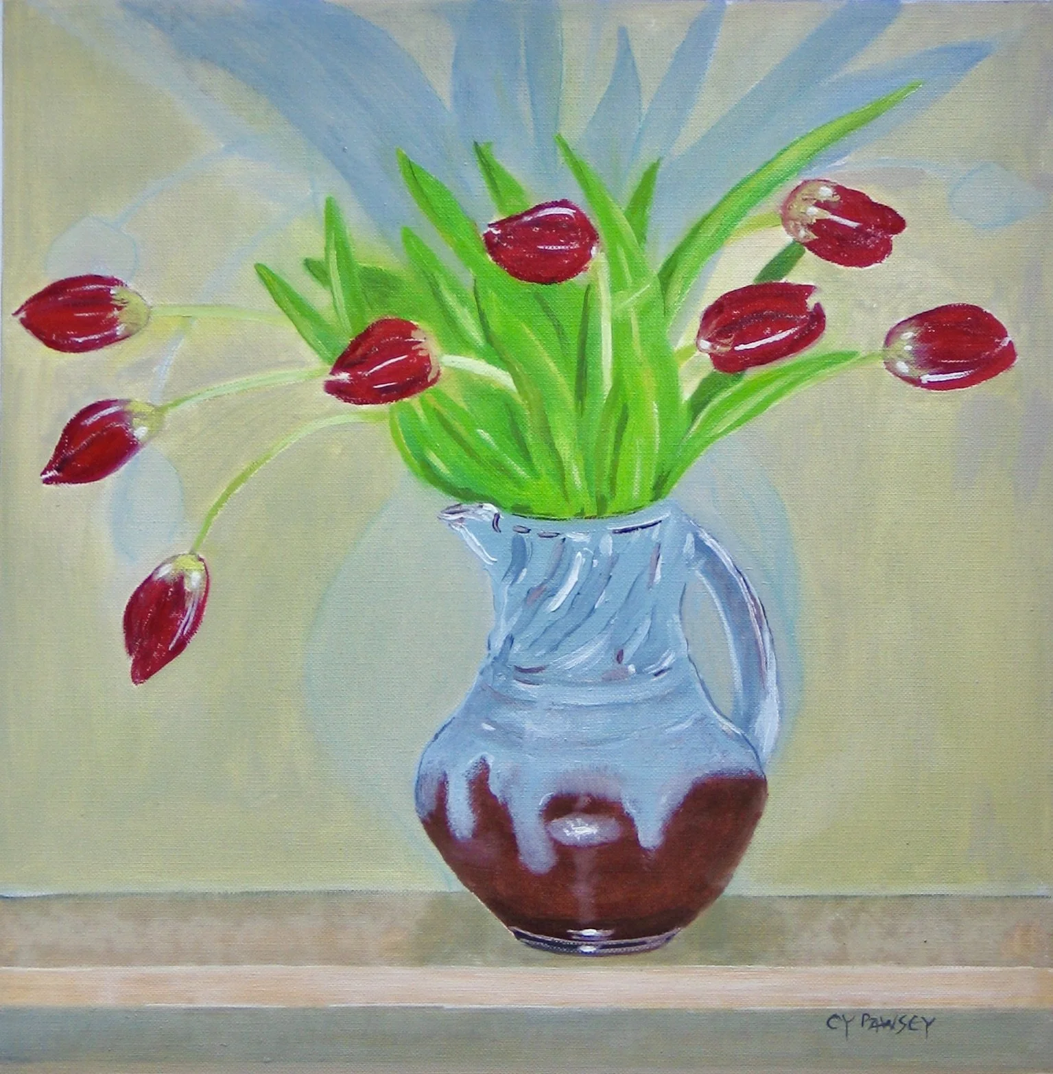 Studio jug with red tulips, oil painting by Cy Pawsey
