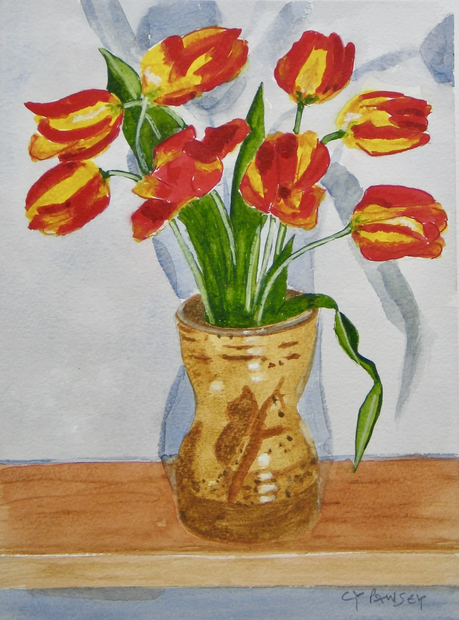 Tulips in a studio pot, watercolour painting at galeriecy.com