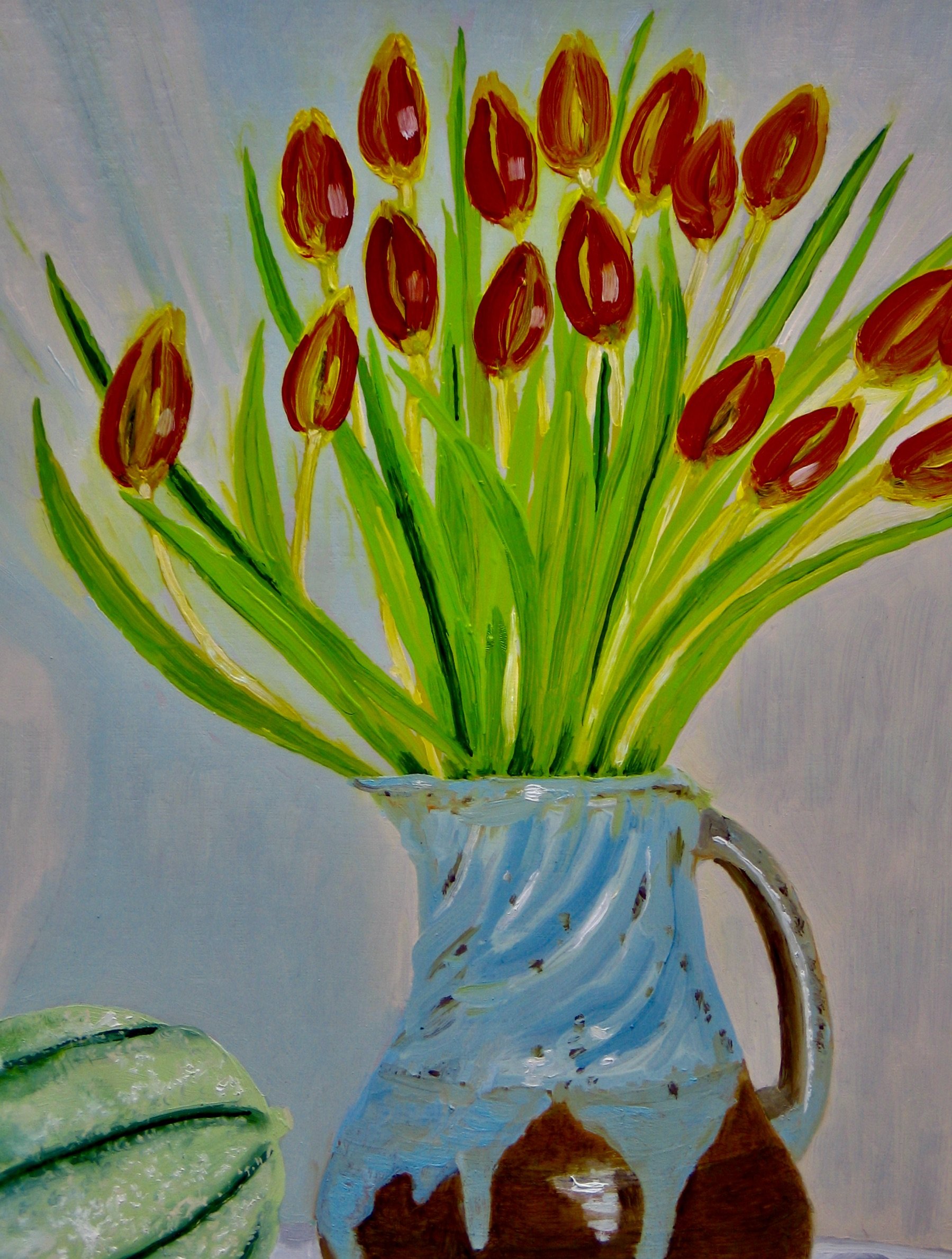Tulips in a studio jug, original oil painting available at galeriecy.com