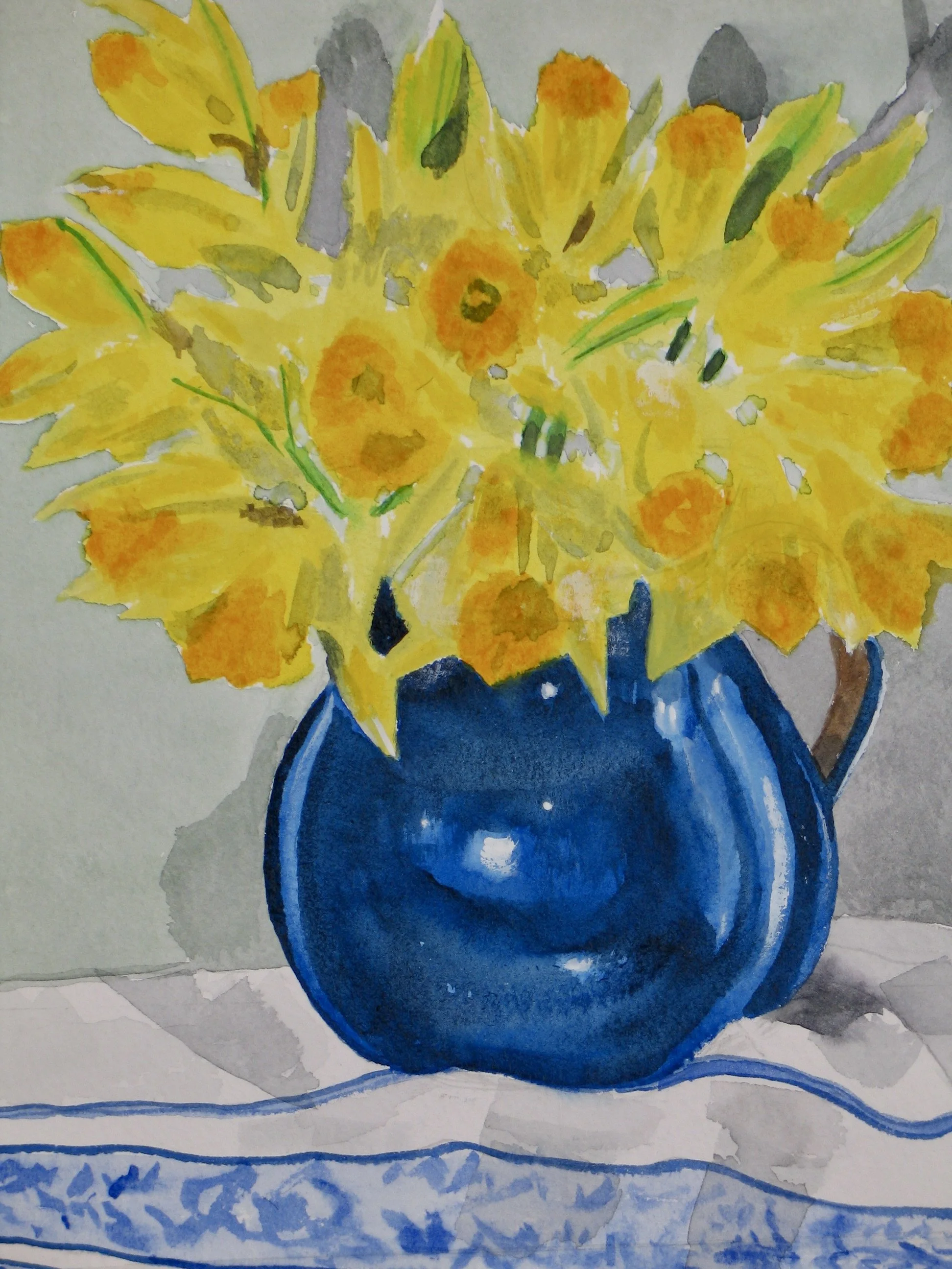 Daffodils in a blue jug, detail