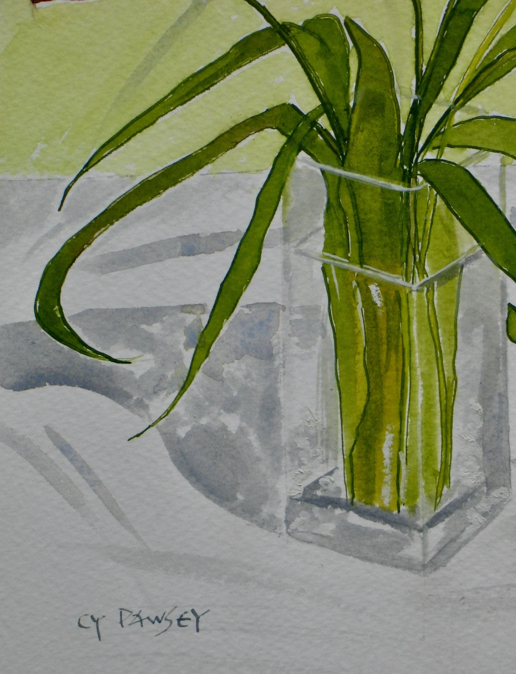 Detail from a watercolour painting of tulips in a glass vase