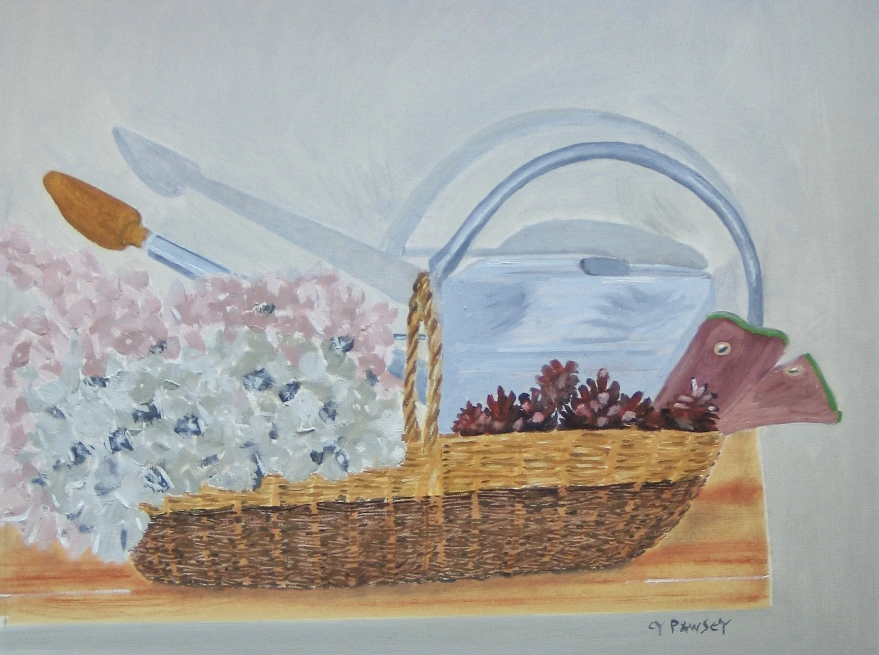 Garden basket with hydrangea flowers and watering can - oil painting