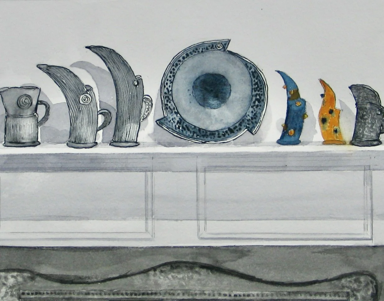 Watercolour study of pots by Walter Keeler, detail