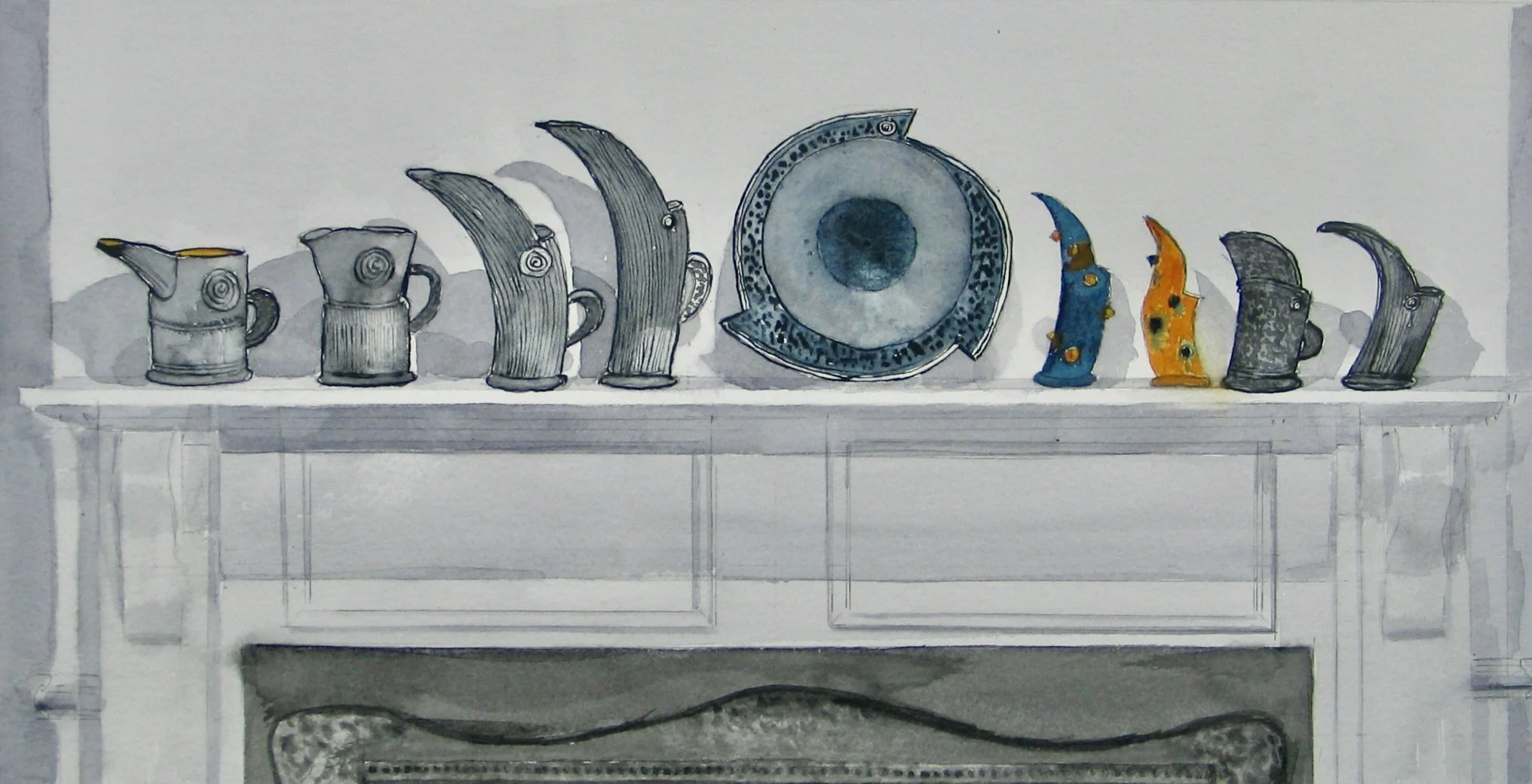 Pots on a mantelpiece, watercolour by Cy Pawsey
