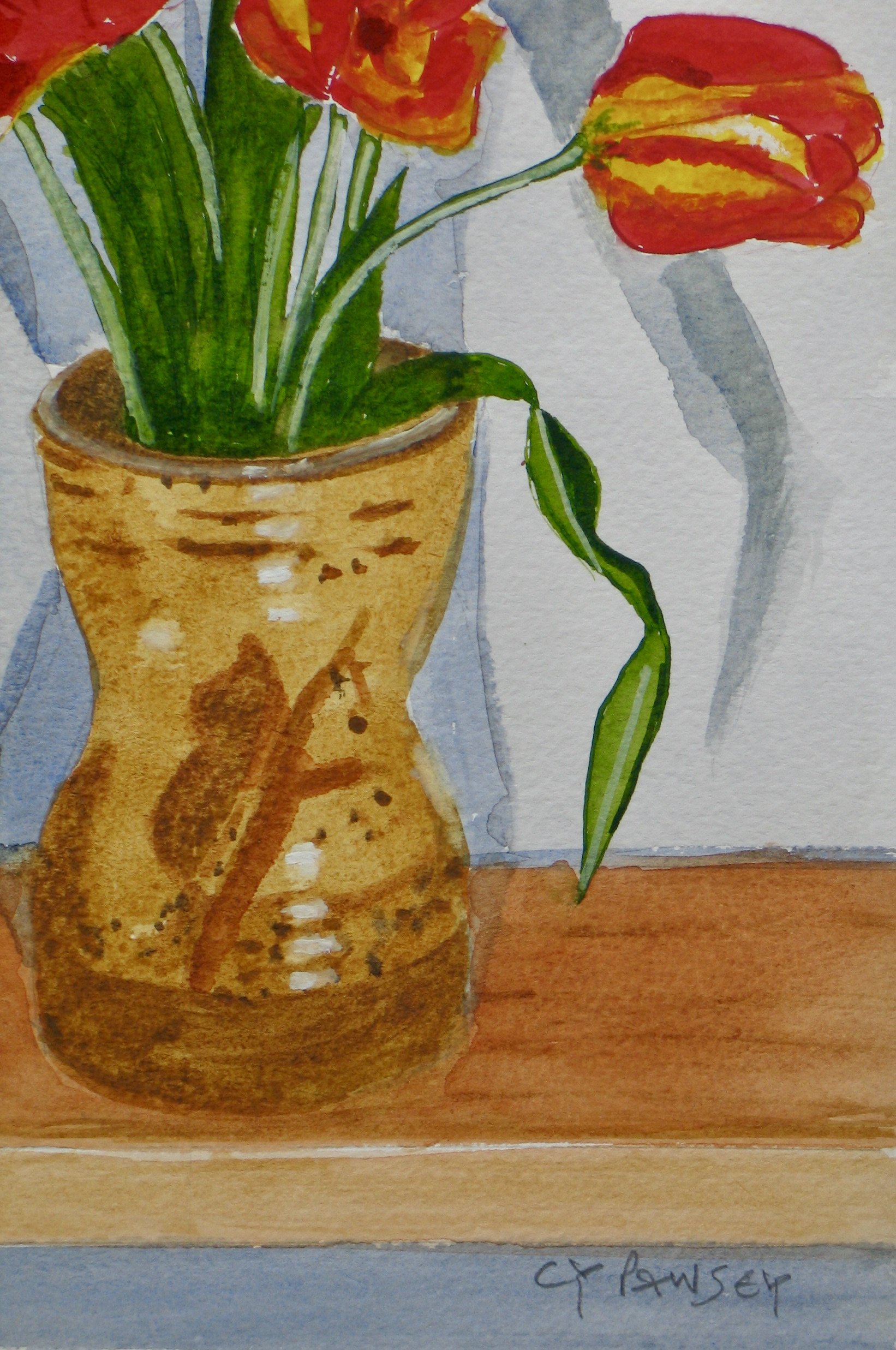 Studio pot with tulips, watercolour painting detail