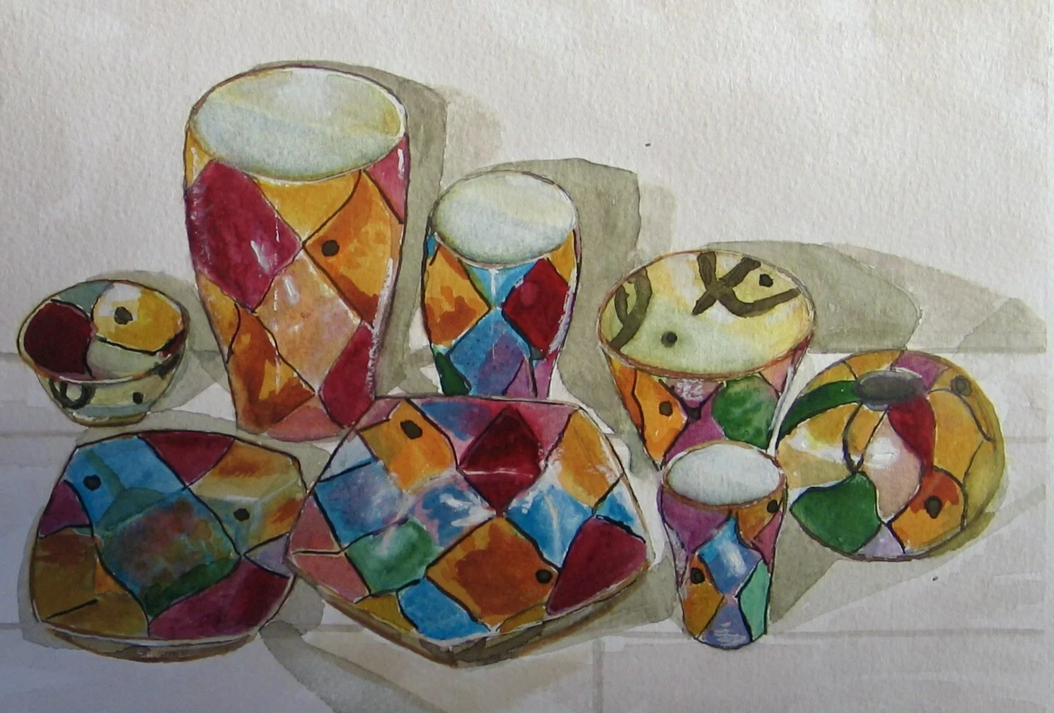 Dartington "Quilt" pots collection, watercolour painting by Cy Pawsey