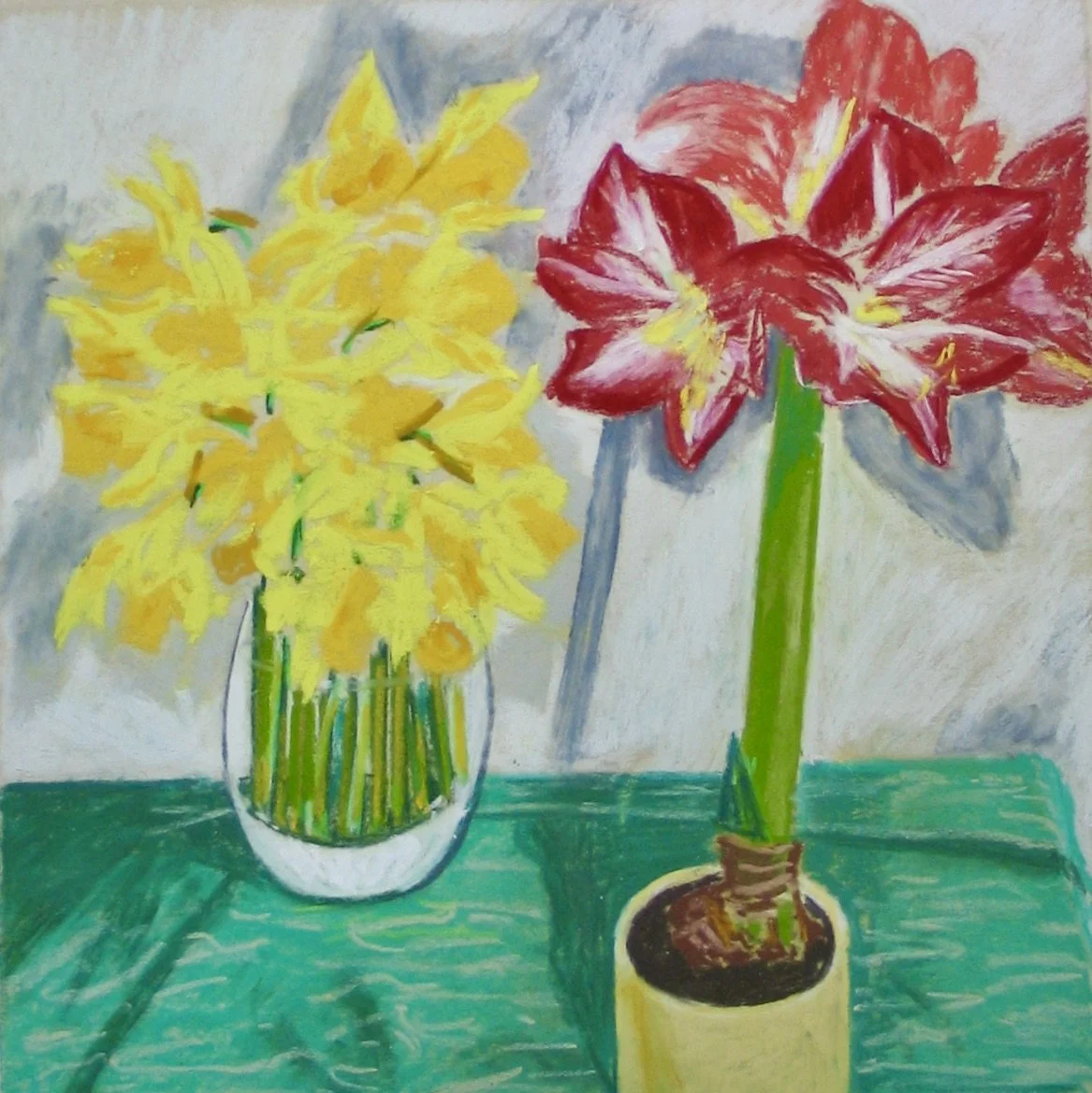 Amaryllis and daffodils in soft pastel by Cy Pawsey