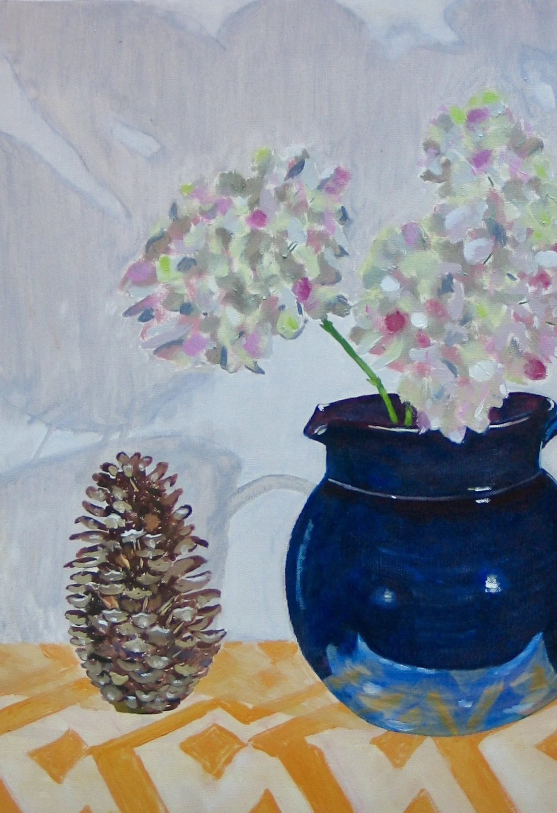 Still life painting, jug with flowers and cones by Cy Pawsey