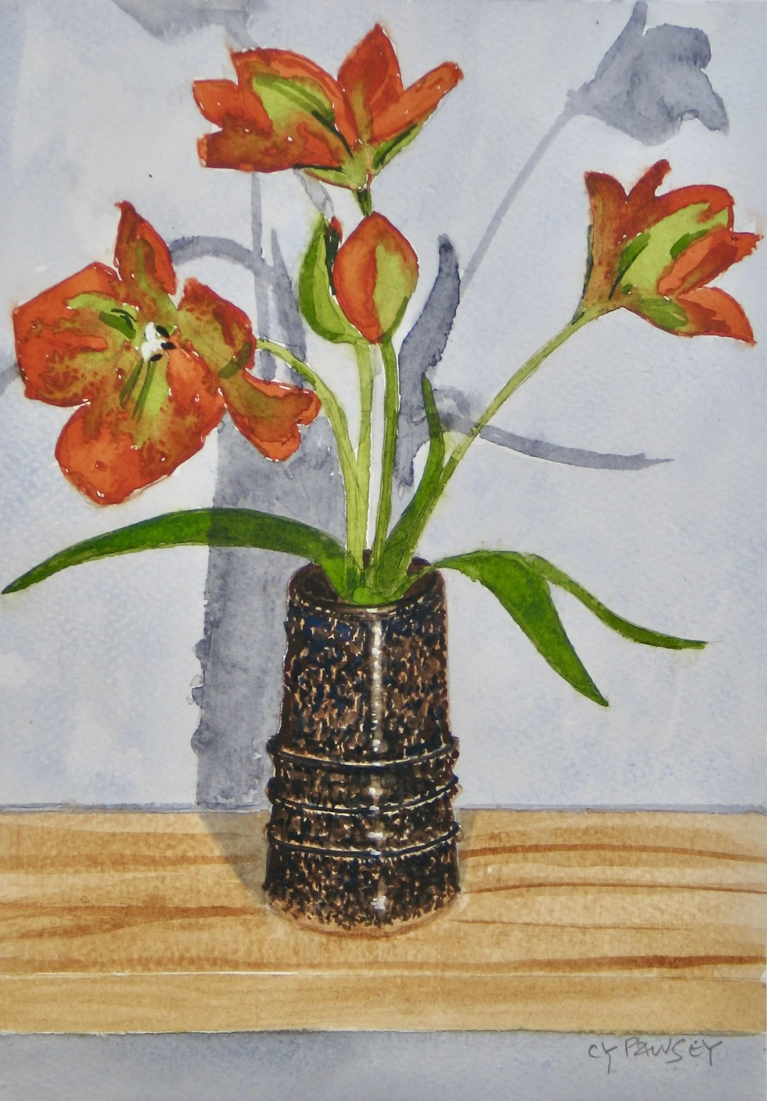 Tulips in a studio vase, watercolour painting by Cy Pawsey