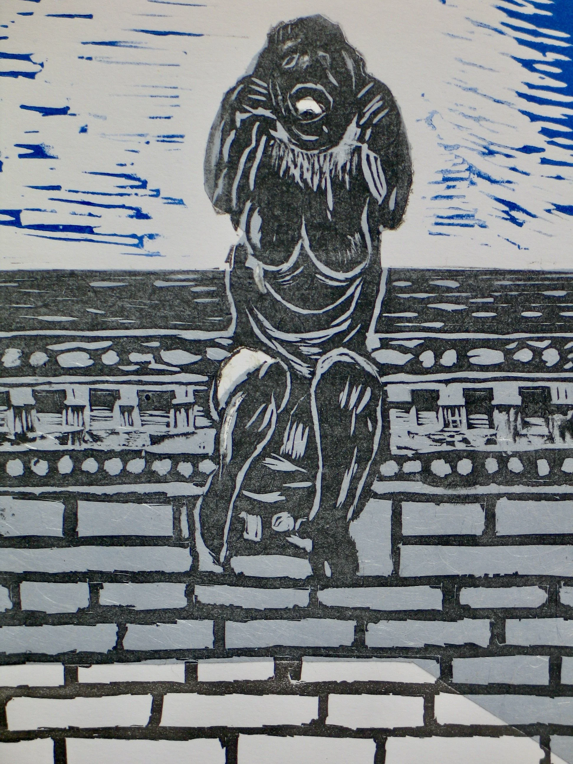 Linocut print of a Barcelona gargoyle, detail