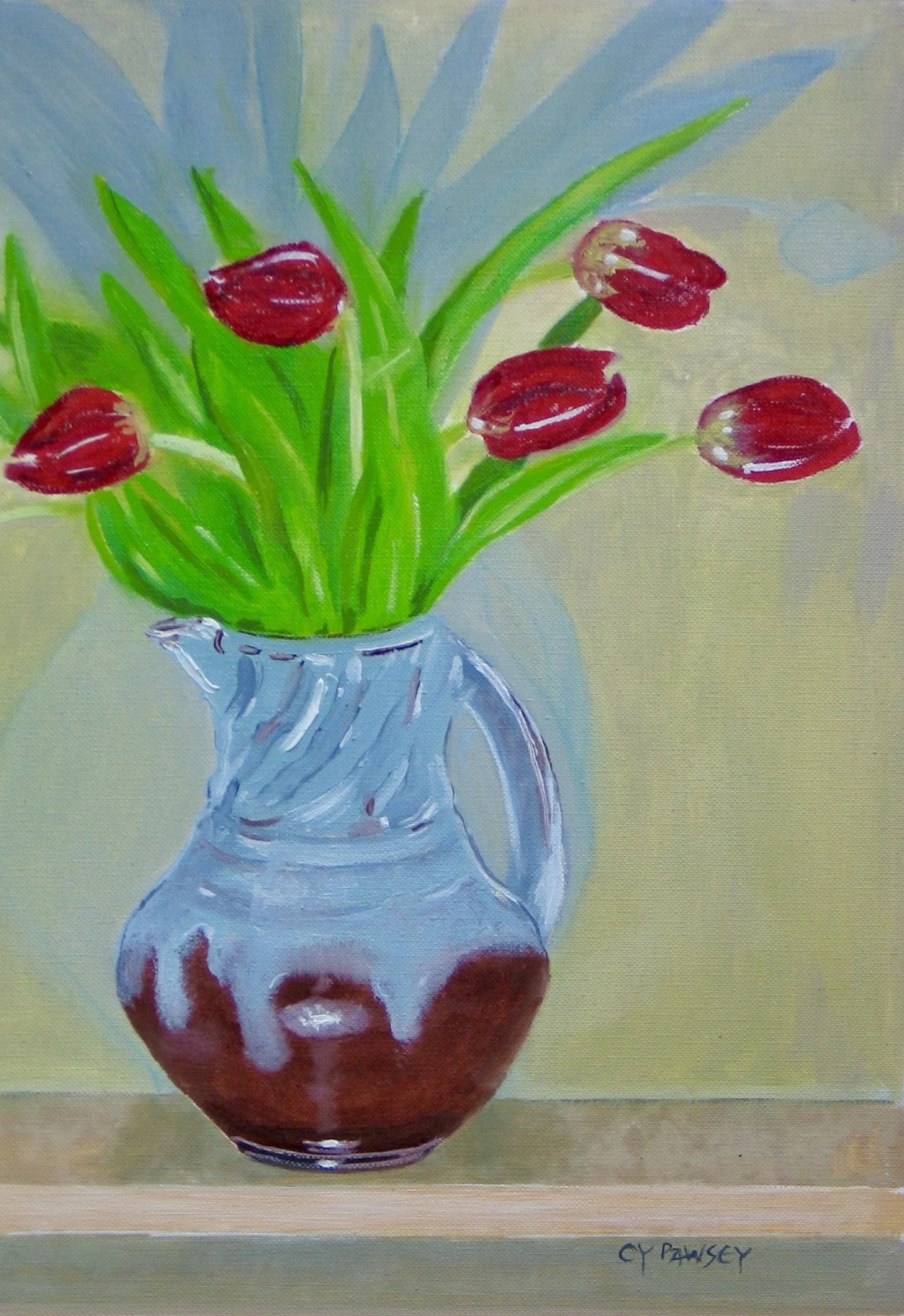 Red tulips in a jug, painting at galeriecy.com