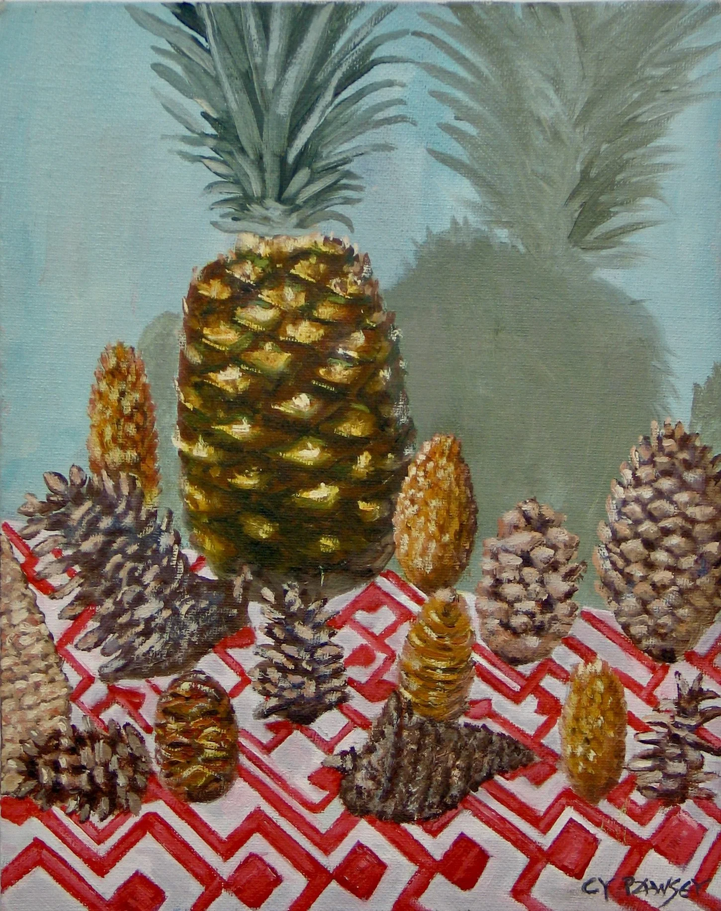 Conifer cones study, oil painting by Cy Pawsey