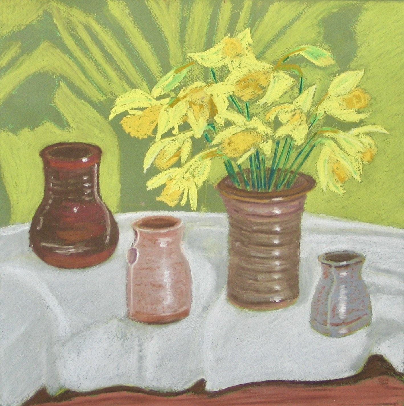 Pastel painting of daffodils with studio pots by Cy Pawsey