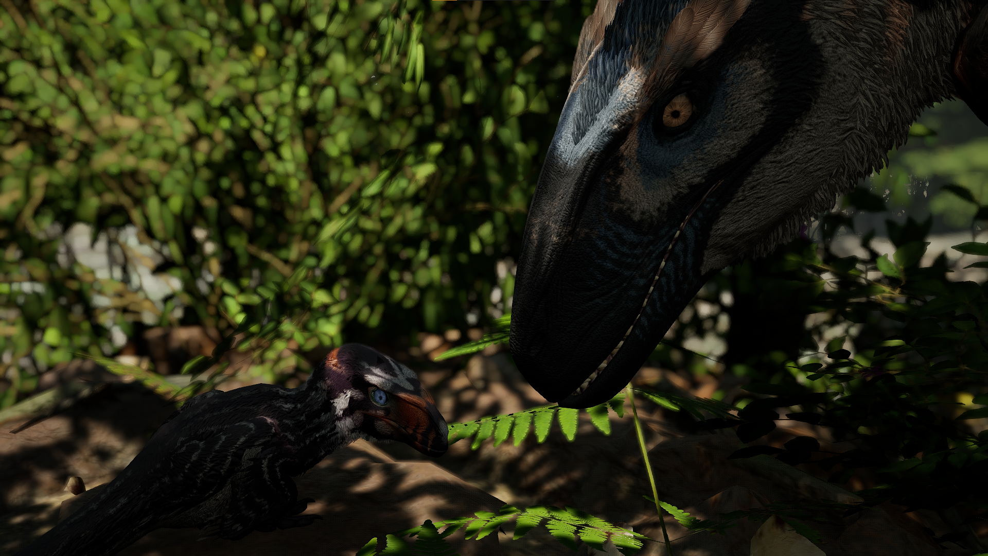 A Utahraptor parent sniffs a hatchling Utahraptor in a wooded environment.