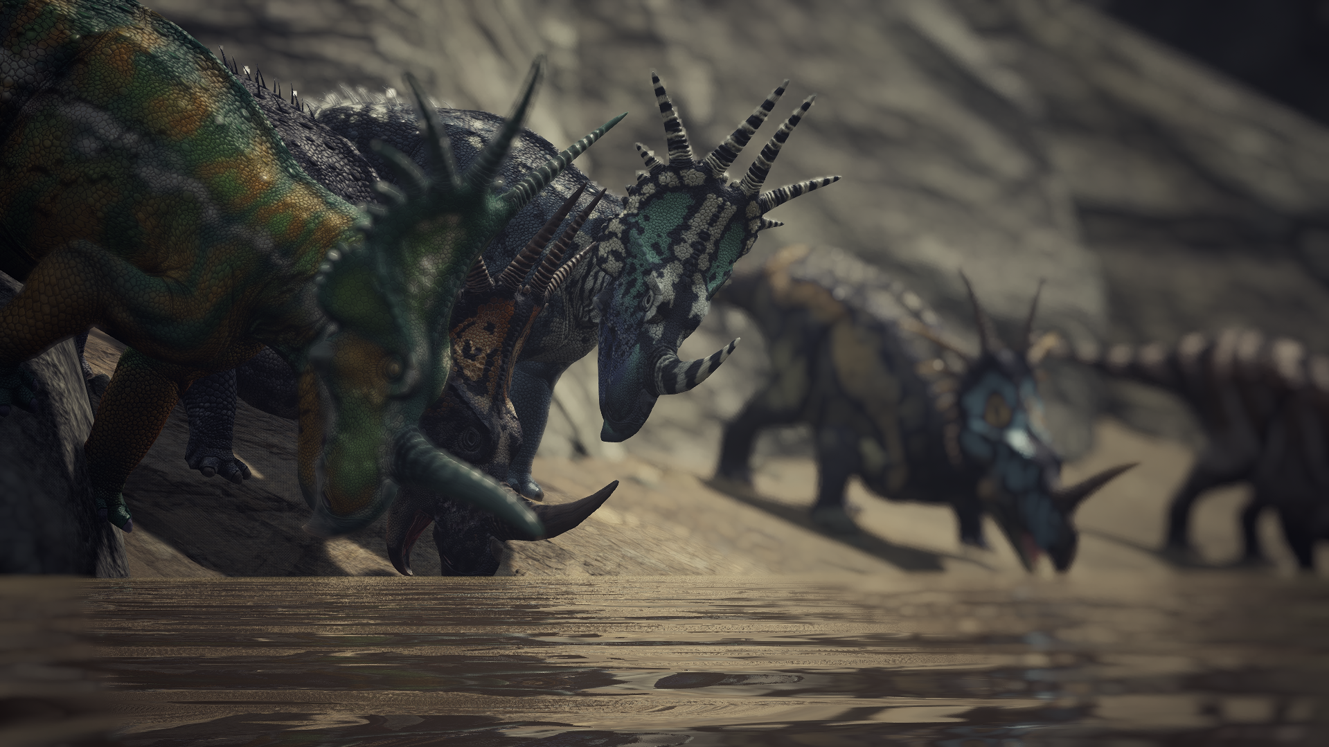 A herd of Styracosaurus drink from a water source.