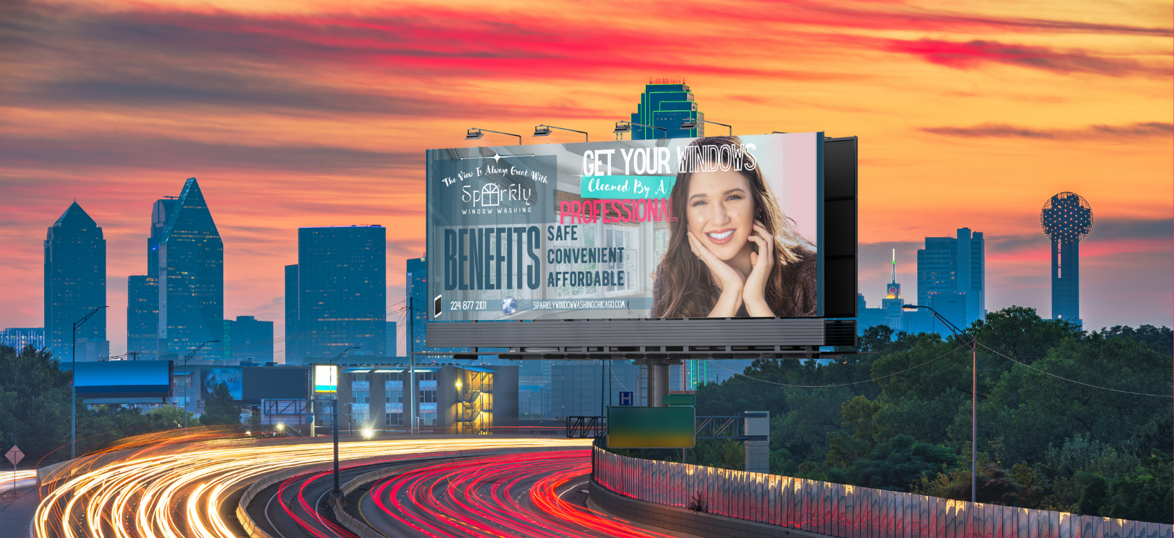 Sparkly Window Washing Billboard Displaying Get Your Windows Cleaned By A Professional