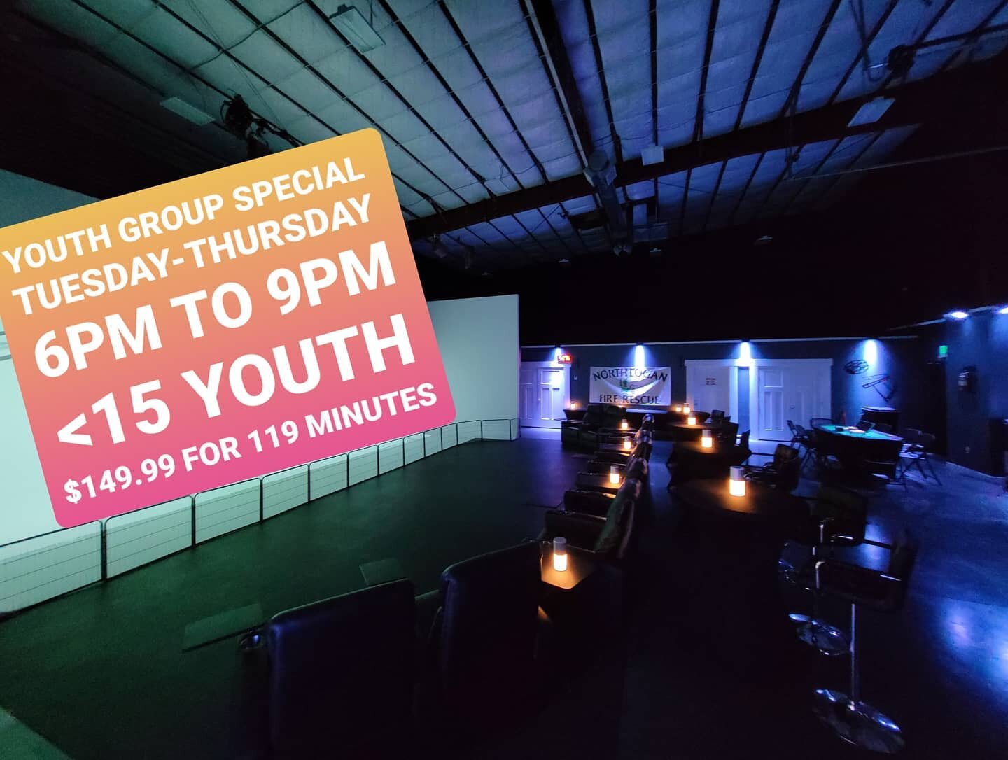 Looking for a place to take your soccer team after a big win or a stir crazy young men's group. 

We have a Youth Group Special that runs Tuesday to Thursday from 6 PM to 9 PM

$149.99 gets you 119 mintues for a group of less than 15 youth. 

Book yo