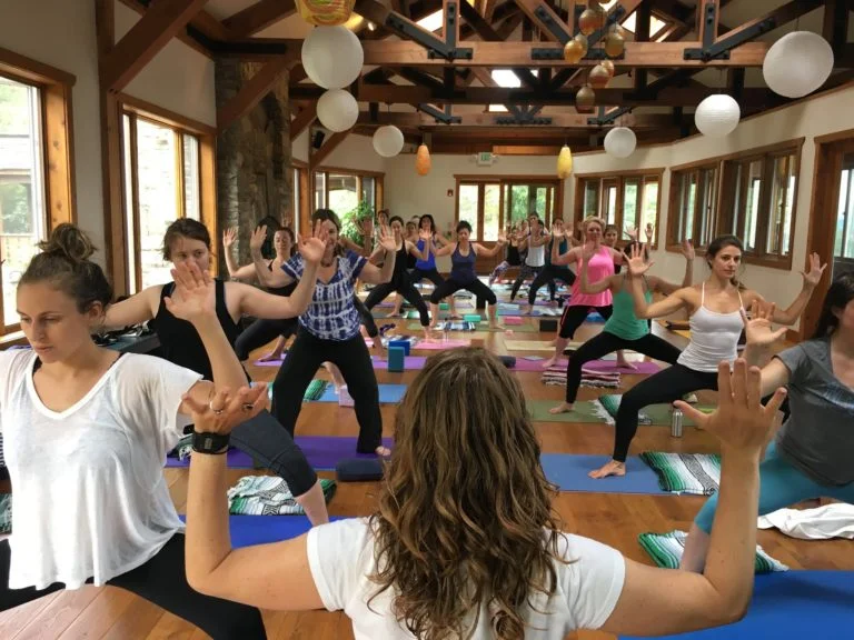 Practicing yoga in the gorgeous lofted cabin.