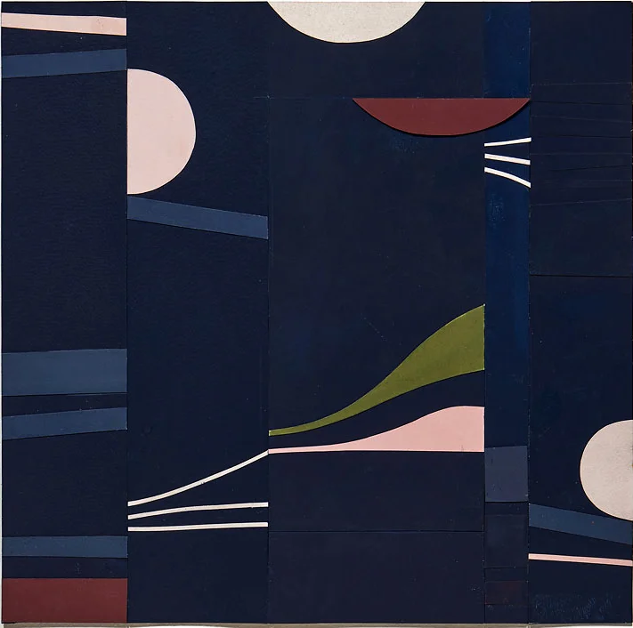 Lena Wolff, Night Mountain Lake, 2018, collage with hand-cut and painted papers, gouache, watercolor, 16 1/2 x 16 1/2 in.