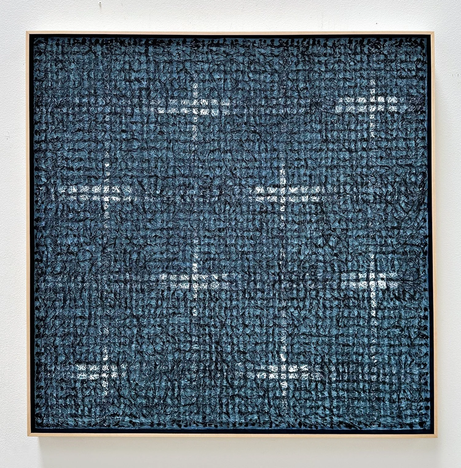 Diane DallasKidd, Constellation, 2025, Linen threads, acrylic paint, recessed wood panel, 36 x 36 in.
