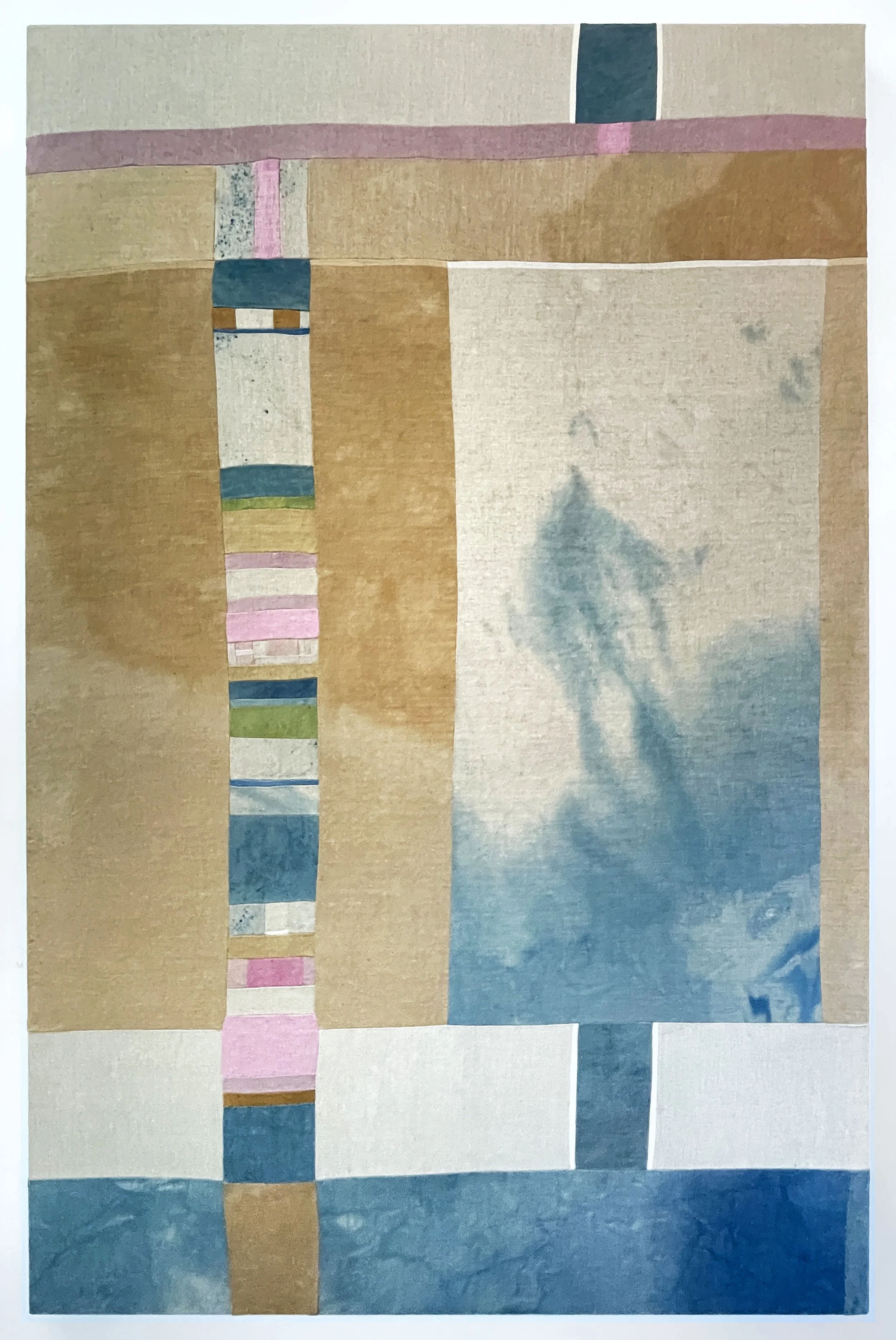 Lauren Bartone, Sky, 2025, linen dyed with fustic, cochneal, indigo and walnut, sewn and stretched, 62 x 42 in.