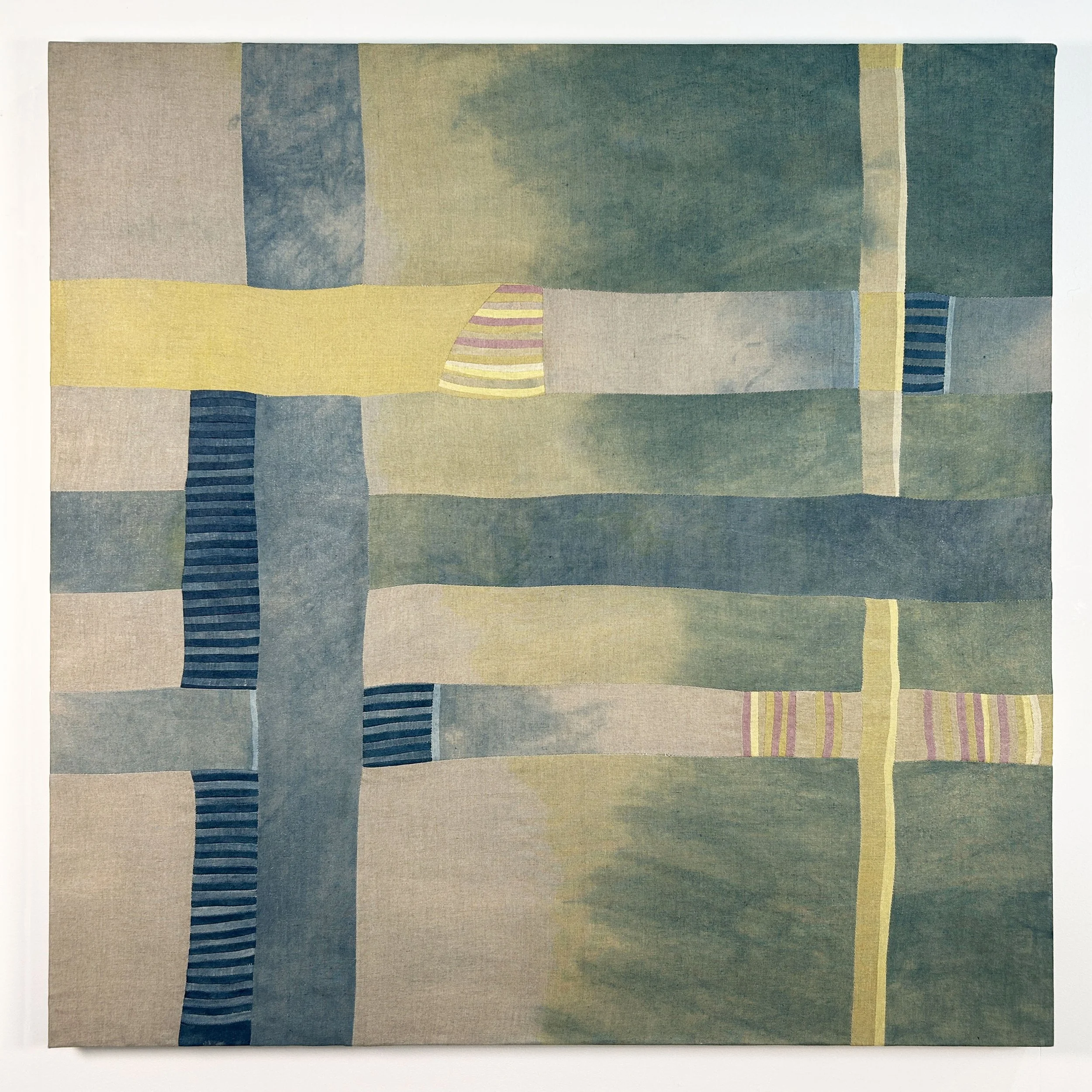 Lauen Bartone, Acacia, 2026, linen dyed with indigo, weld, and madder, sewn and stretched, 40 x 40 in.