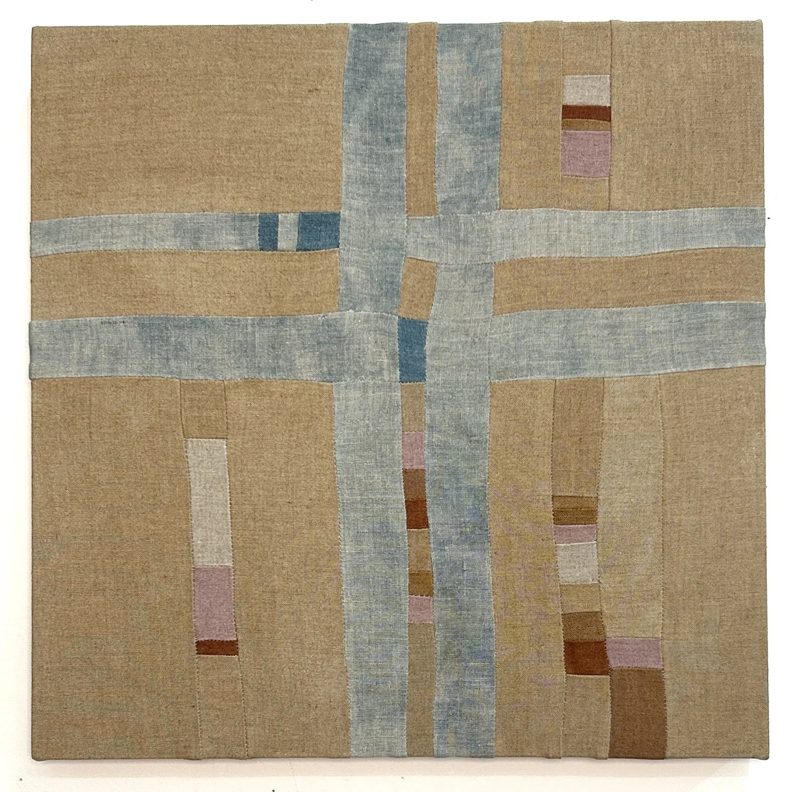 Lauen Bartone, Micro weave I, 2025, linen dyed with fustic, indigo, weld, and cochineal, sewn and stretched, 18 x 18 in. 