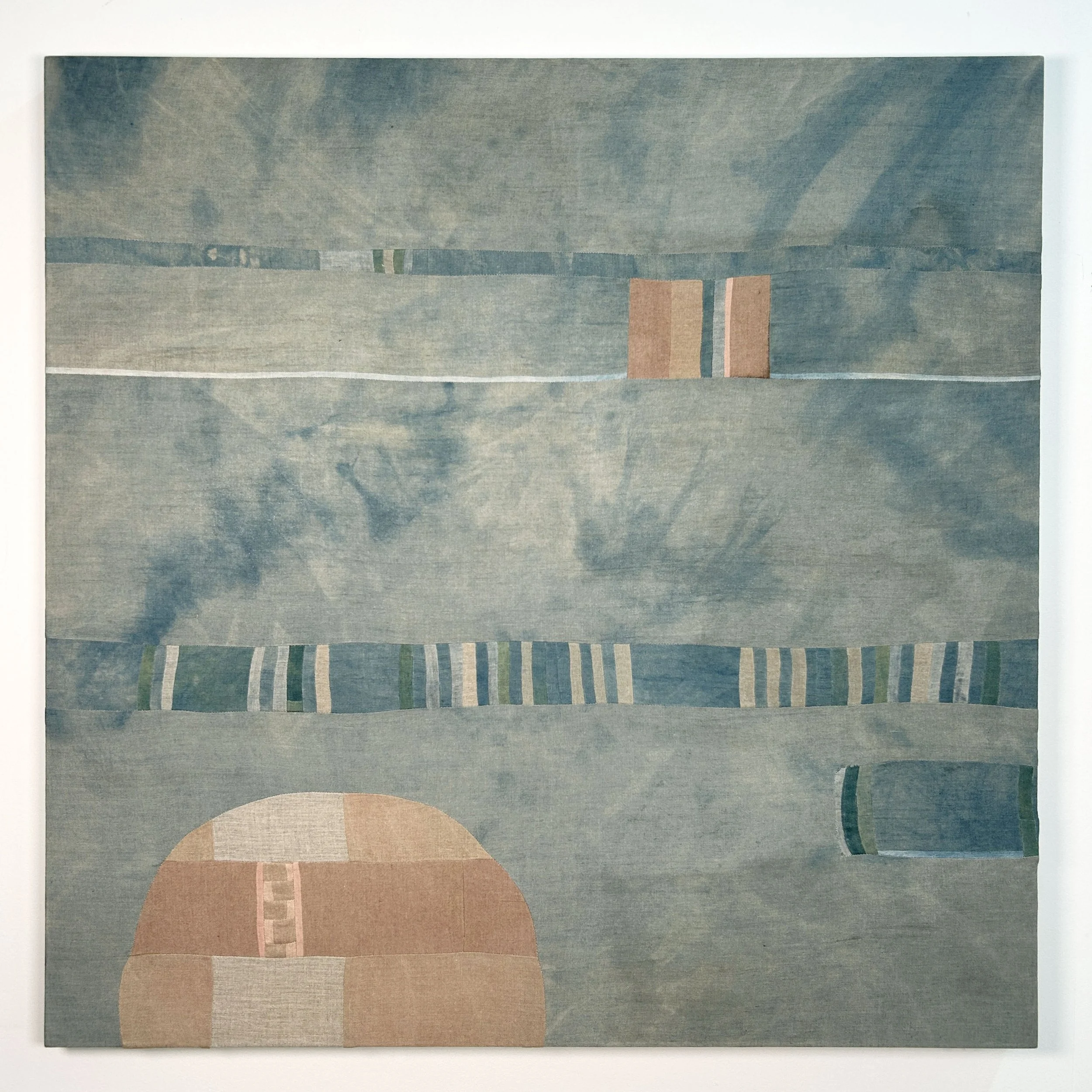 Lauen Bartone, Shore, 2026, linen dyed with indigo, weld, kermes, and madder, sewn and stretched, 40 x 40 in. 
