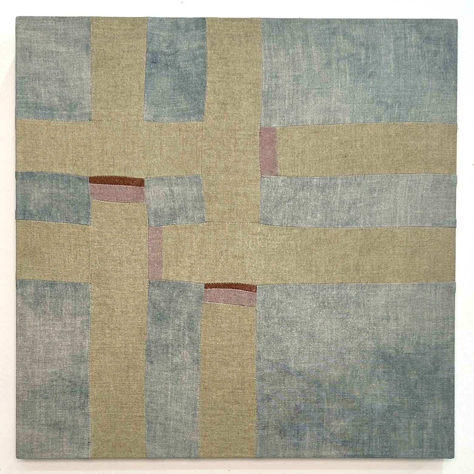 Lauen Bartone, Micro weave I, 2025, linen dyed with fustic, indigo, weld, and cochineal, sewn and stretched, 18 x 18 in. 