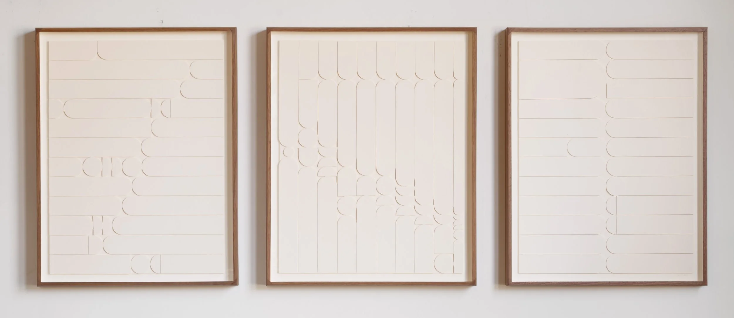 Lena Wolff, Movements & Gatherings #1-3, 2025, collages with hand-cut paper, each 20 x 15 1/2 in. (framed)