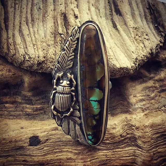 A few last offerings for tomorrow&rsquo;s event at @themenageriealameda !gorgeous turquoise from @naturalstoneartstudio  and hand cut leaves with a little cast beetle. #lionandlambstudios #beetle #bugjewelry #bigassring #themenageriealameda #nature #
