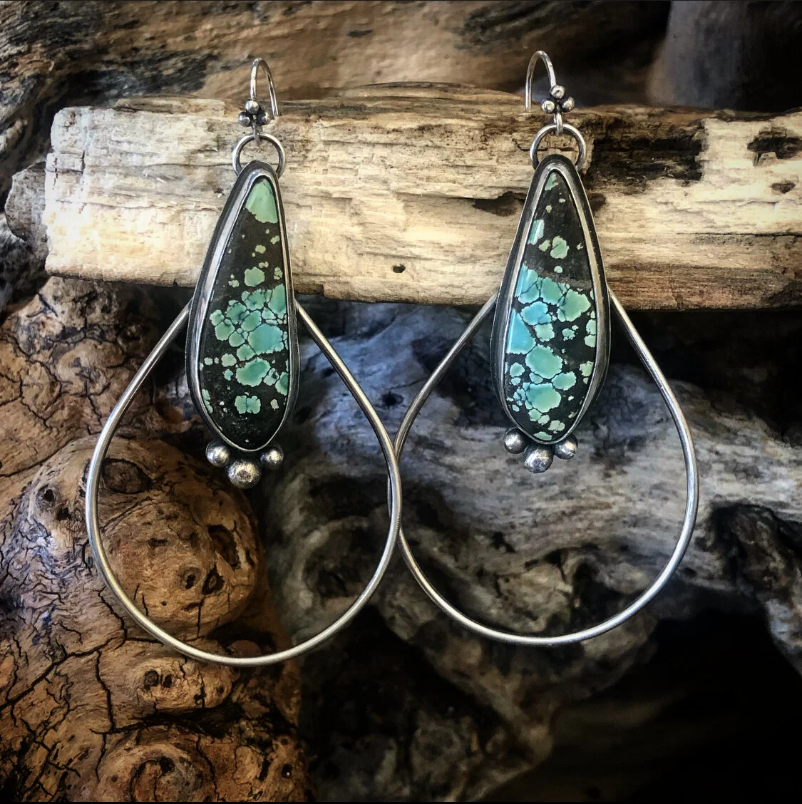 Big turquoise drop hoop earrings