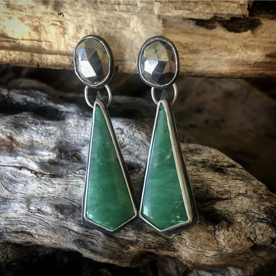Deco drop earrings - chrysoprase and pyrite
