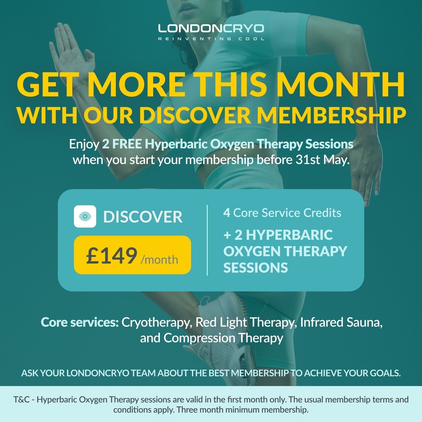 🌟 Get More This Month! 🌟⁠
Experience our Discover Membership and receive 2 complimentary Hyperbaric Oxygen Therapy Sessions! 💫⁠
⁠
For just &pound;149, enjoy 4 Core Service Credits + 2 HBOT Sessions. Immerse yourself in Cryotherapy, Red Light, Comp
