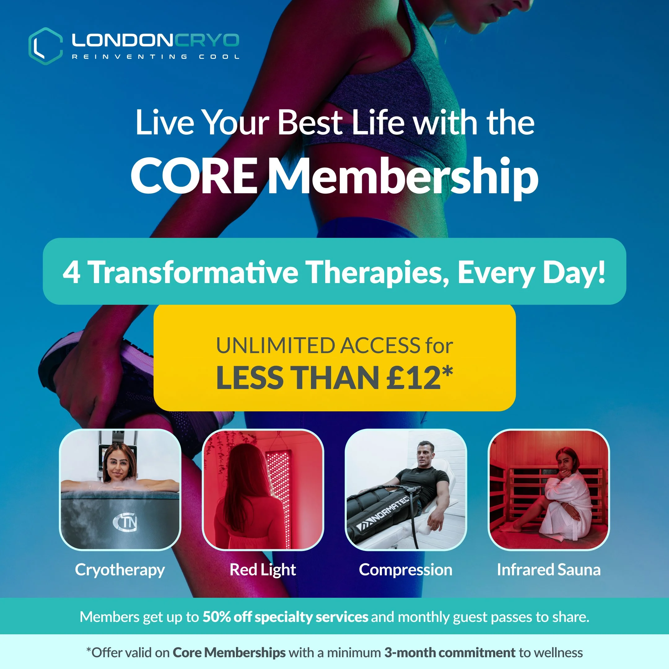 CORE Membership - Unlimited Cryotherapy, Infrared Sauna, Red Light &amp; Compression Therapy from less than £12*