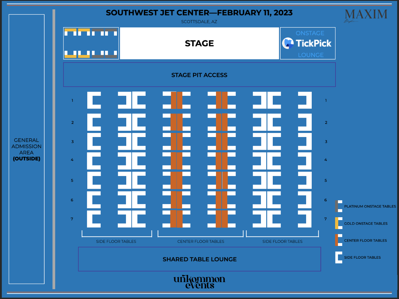 VIP Exclusives Floor Plan for the 2023 Maxim Super Bowl Party - Maxim Catch Me If You Can. Southwest Jet Center in Scottsdale, Arizona on February 11, 2023